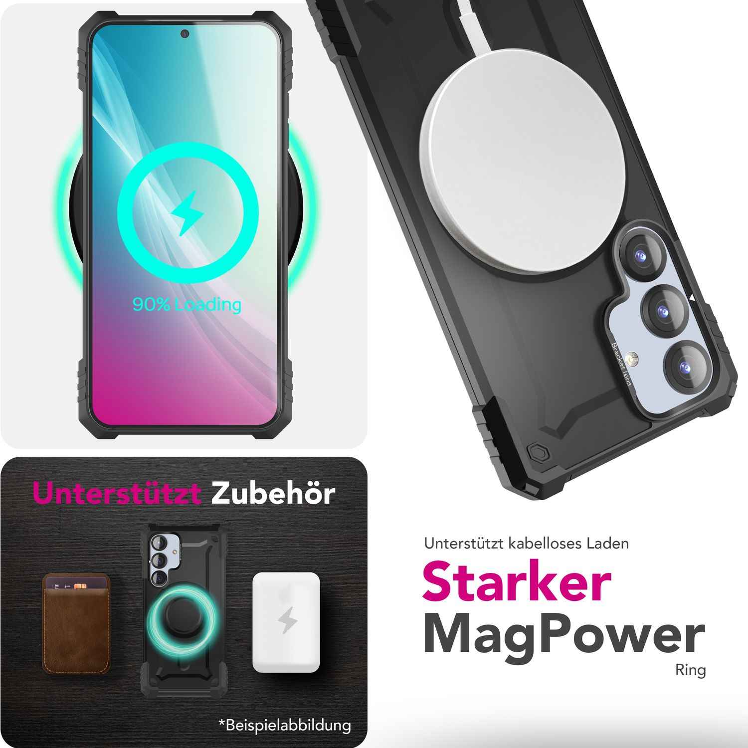 NALIA Granite für Samsung Galaxy S25 Plus Hülle für MagSafe, Armor Panzerhülle, Robuste Stoßfeste Schutzhülle im Militär-Stil, mit Kamera-Ständer, Magnet-Ring - Armor Titan Schwarz