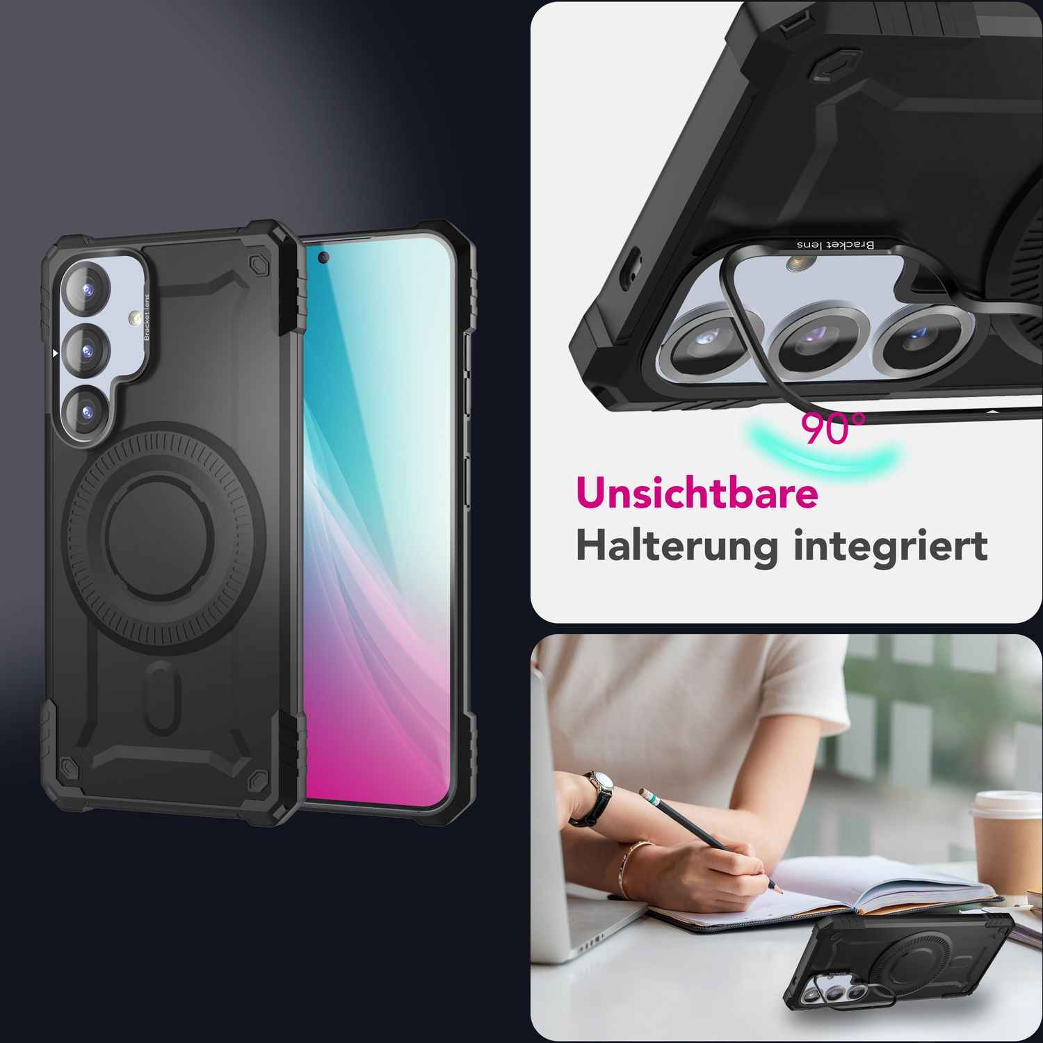 NALIA Granite für Samsung Galaxy S25 Plus Hülle für MagSafe, Armor Panzerhülle, Robuste Stoßfeste Schutzhülle im Militär-Stil, mit Kamera-Ständer, Magnet-Ring - Armor Titan Schwarz