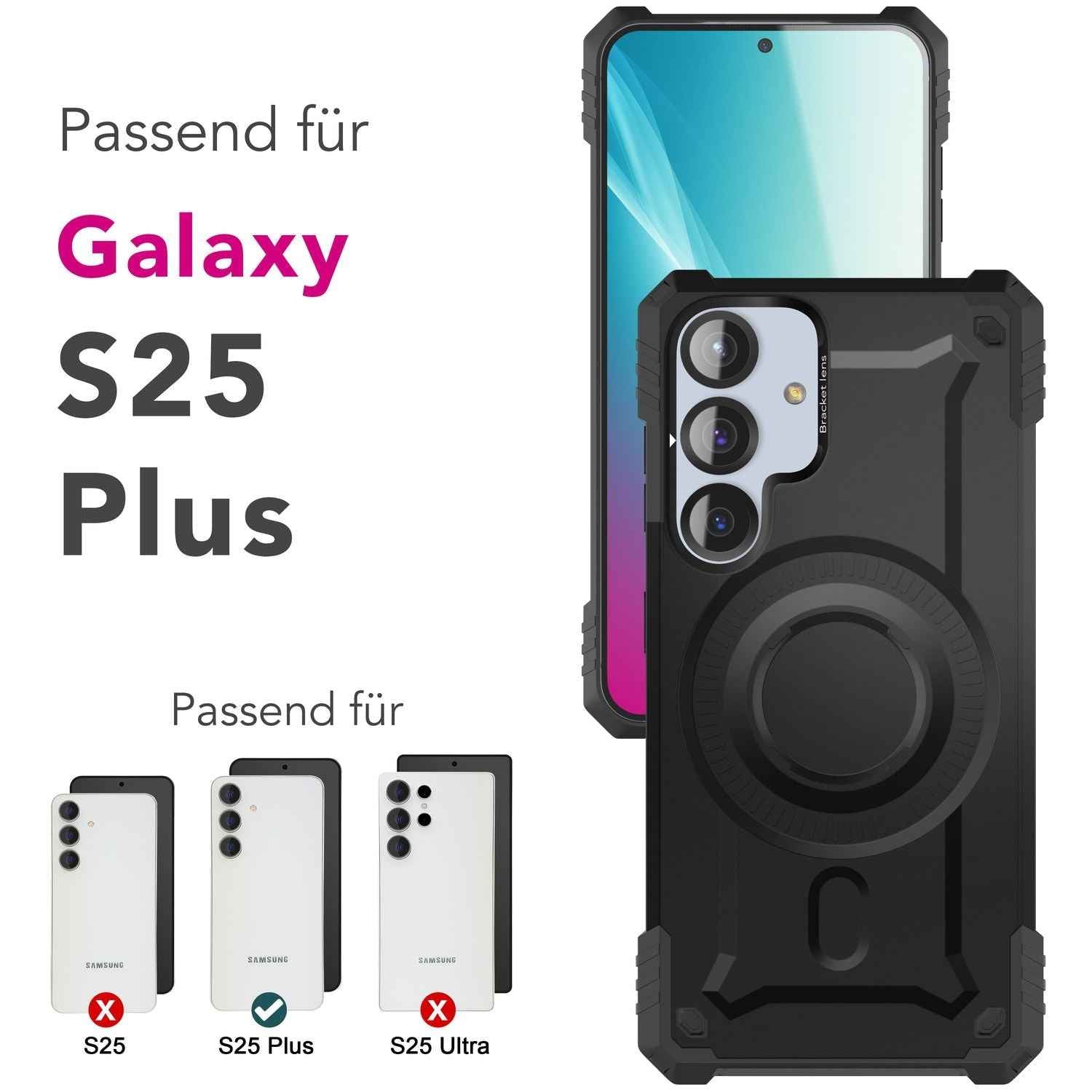 NALIA Granite für Samsung Galaxy S25 Plus Hülle für MagSafe, Armor Panzerhülle, Robuste Stoßfeste Schutzhülle im Militär-Stil, mit Kamera-Ständer, Magnet-Ring - Armor Titan Schwarz