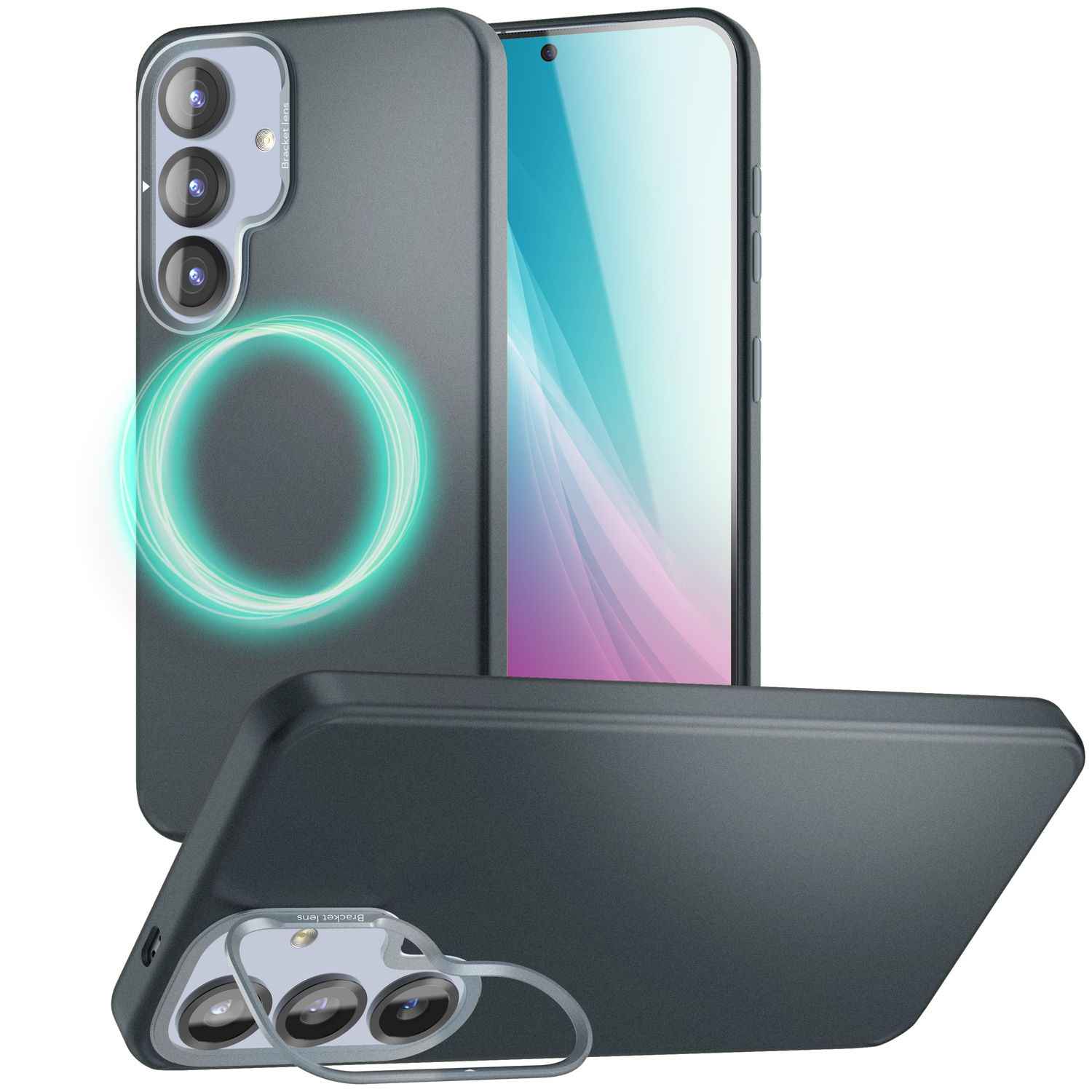 NALIA Overland für Samsung Galaxy S25 Hülle für MagSafe, Ultra Dünnes Hardcase mit Unsichtbarem Magnet-Ring, Ausklappbarer Kamera-Ständer, Mattierte Schutzhülle - Titan Schwarz