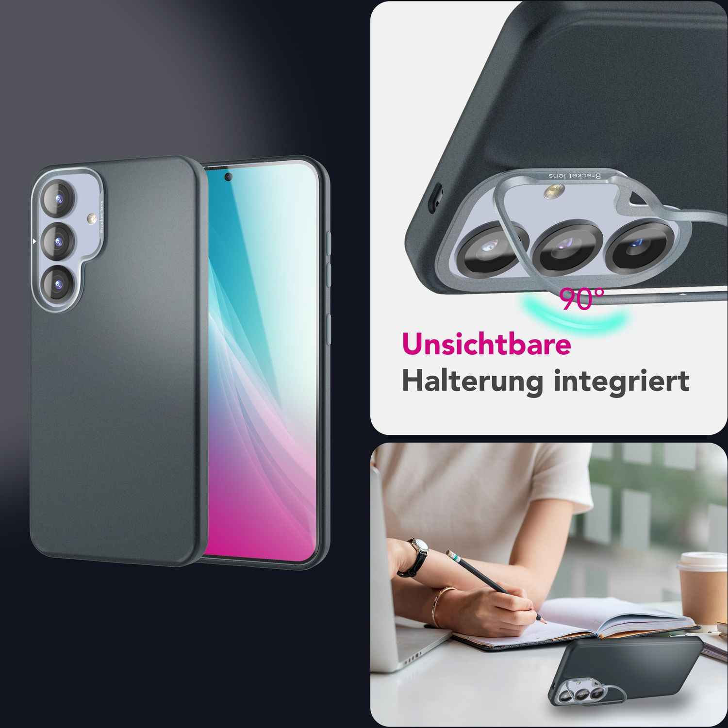 NALIA Overland für Samsung Galaxy S25 Hülle für MagSafe, Ultra Dünnes Hardcase mit Unsichtbarem Magnet-Ring, Ausklappbarer Kamera-Ständer, Mattierte Schutzhülle - Titan Schwarz
