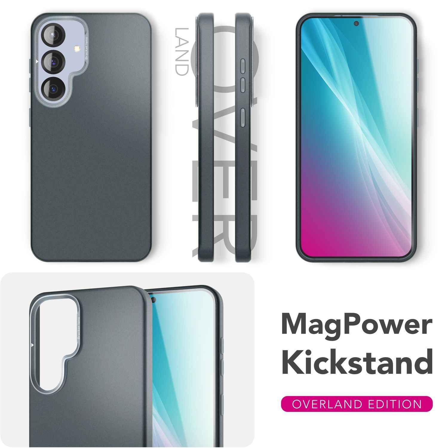 NALIA Overland für Samsung Galaxy S25 Hülle für MagSafe, Ultra Dünnes Hardcase mit Unsichtbarem Magnet-Ring, Ausklappbarer Kamera-Ständer, Mattierte Schutzhülle - Titan Schwarz
