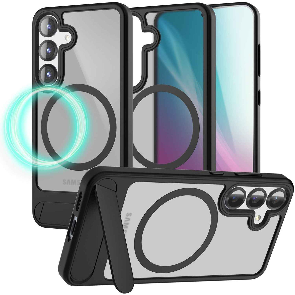 NALIA Triton für Samsung Galaxy S25 Hülle für MagSafe, Magnethülle mit Ausklappbarem Standfuß, Ring für Magnetisches Laden, Semi-Transparente Handyhülle mit schwarzem Silikon-Rand