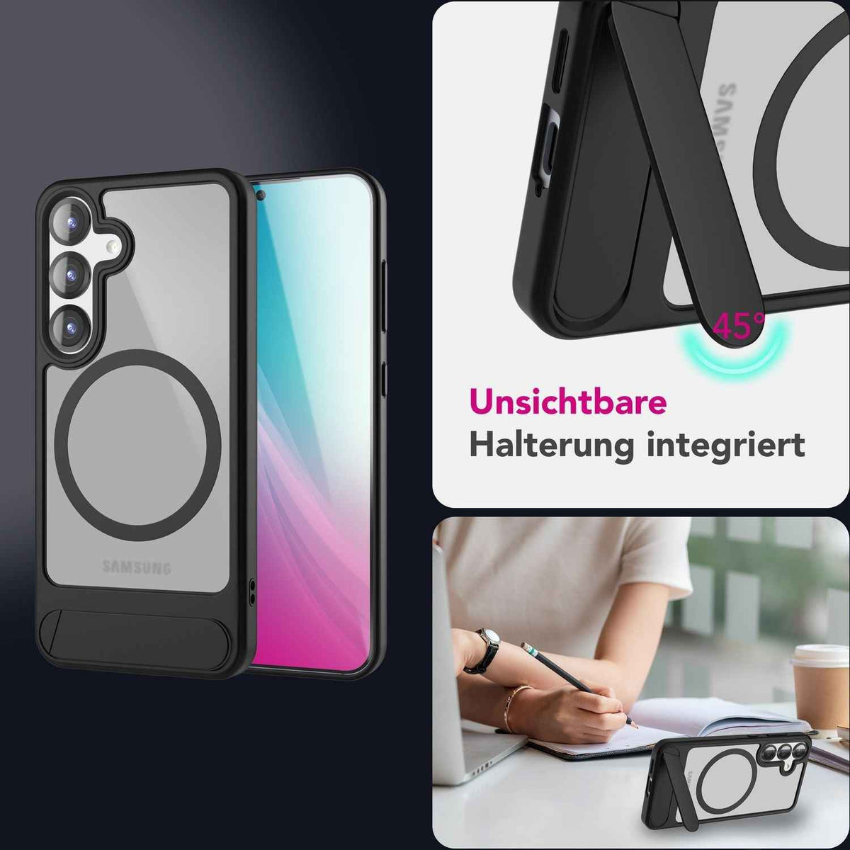 NALIA Triton für Samsung Galaxy S25 Hülle für MagSafe, Magnethülle mit Ausklappbarem Standfuß, Ring für Magnetisches Laden, Semi-Transparente Handyhülle mit schwarzem Silikon-Rand
