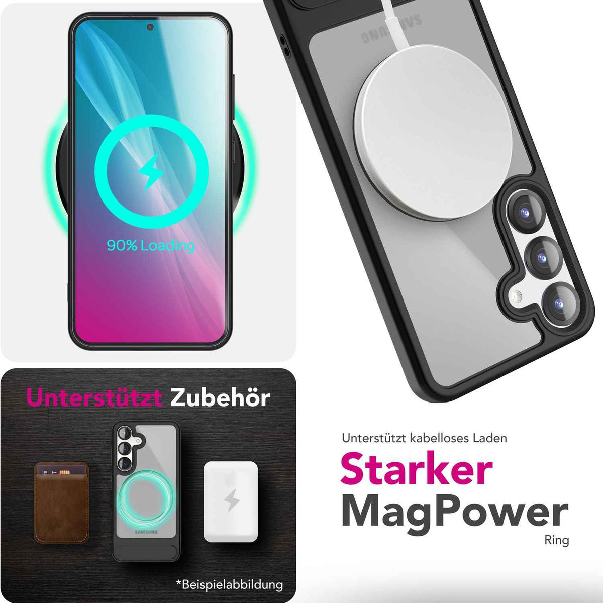 NALIA Triton für Samsung Galaxy S25 Hülle für MagSafe, Magnethülle mit Ausklappbarem Standfuß, Ring für Magnetisches Laden, Semi-Transparente Handyhülle mit schwarzem Silikon-Rand