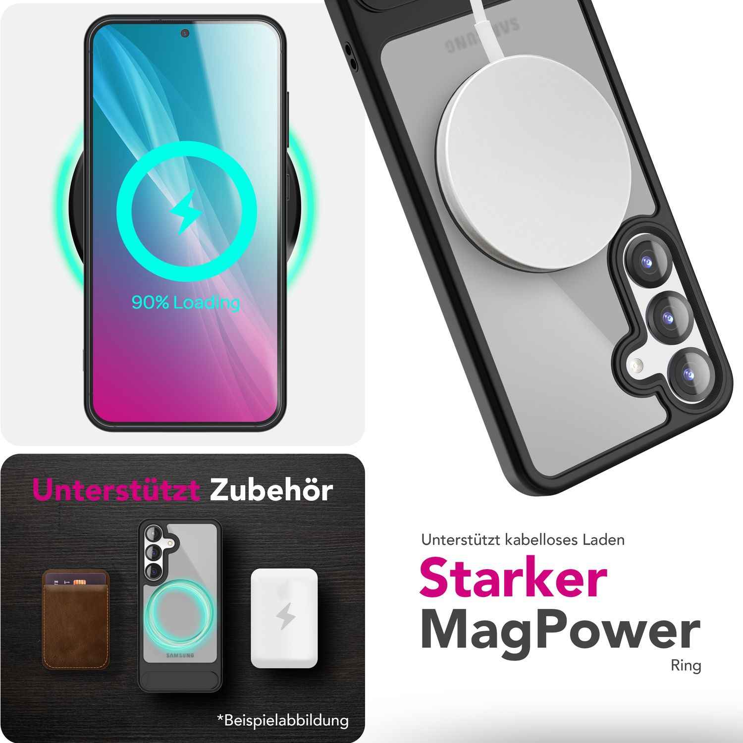 NALIA Triton für Samsung Galaxy S25 Hülle für MagSafe, Magnethülle mit Ausklappbarem Standfuß, Ring für Magnetisches Laden, Semi-Transparente Handyhülle mit schwarzem Silikon-Rand