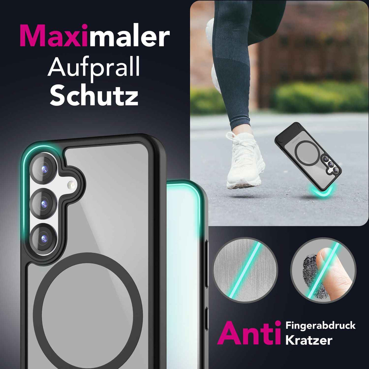 NALIA Triton für Samsung Galaxy S25 Hülle für MagSafe, Magnethülle mit Ausklappbarem Standfuß, Ring für Magnetisches Laden, Semi-Transparente Handyhülle mit schwarzem Silikon-Rand