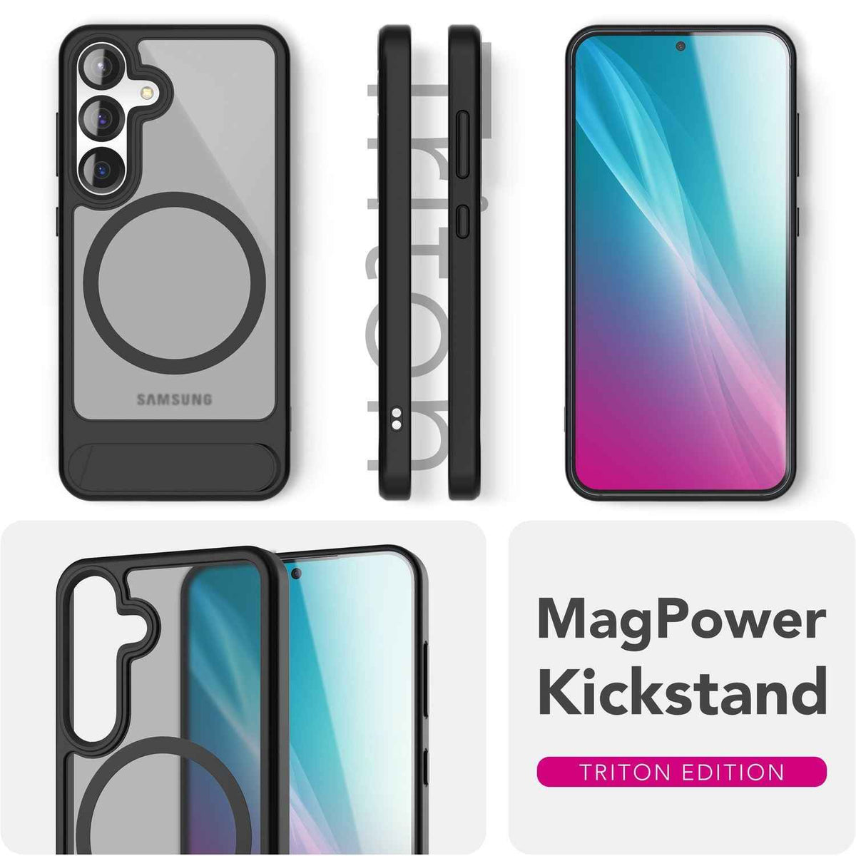 NALIA Triton für Samsung Galaxy S25 Hülle für MagSafe, Magnethülle mit Ausklappbarem Standfuß, Ring für Magnetisches Laden, Semi-Transparente Handyhülle mit schwarzem Silikon-Rand