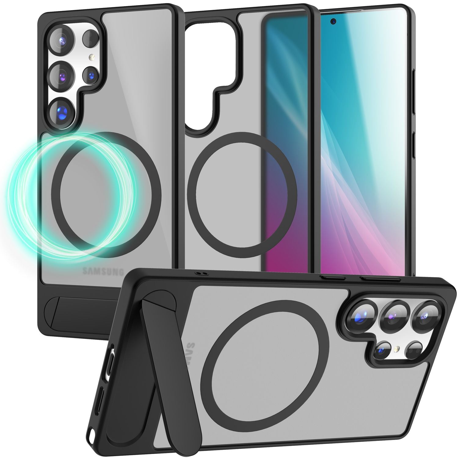 NALIA Triton Hülle für Samsung Galaxy S25 Ultra, Schwarz, mit MagSafe und Standfuß