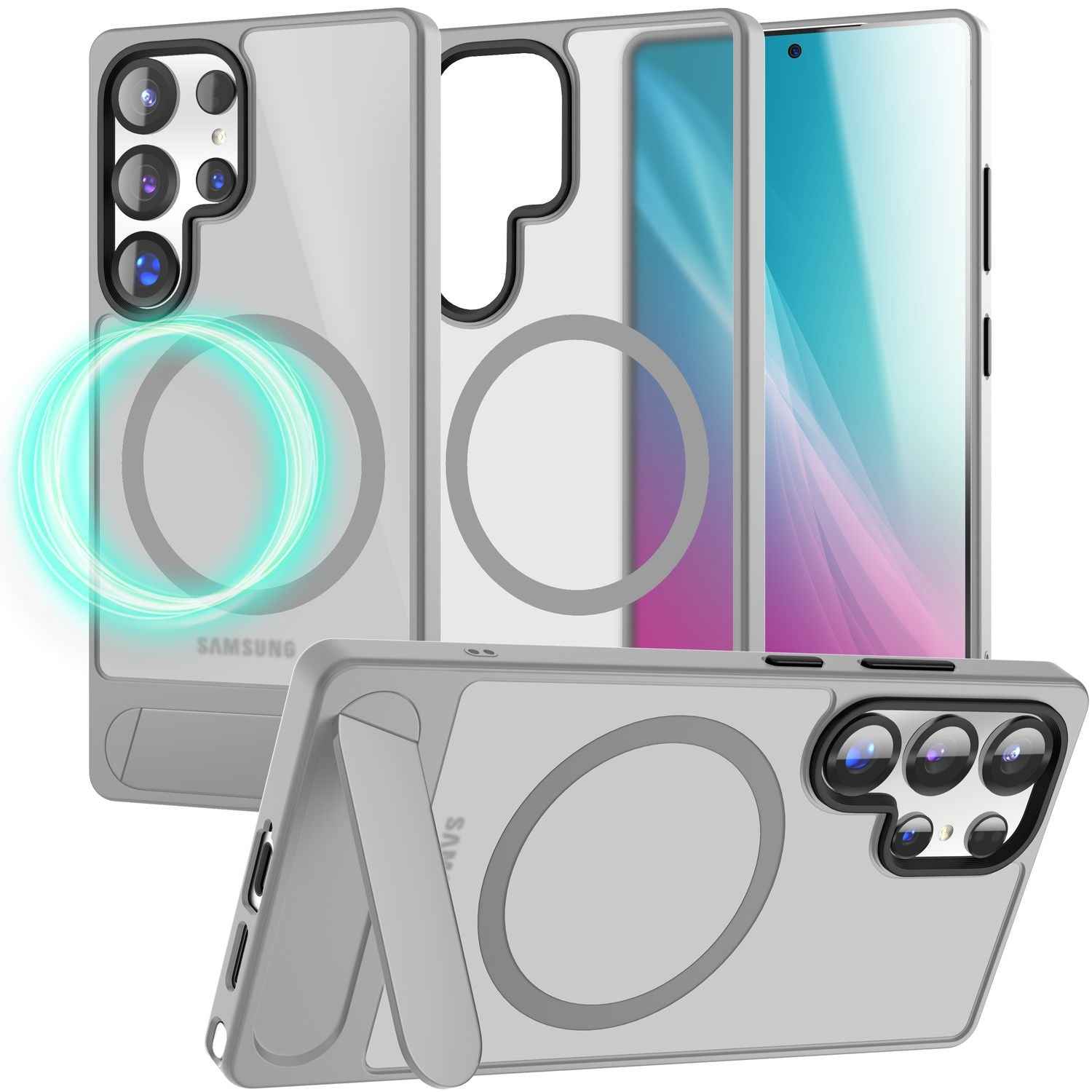 NALIA Triton für Samsung Galaxy S25 Ultra Hülle für MagSafe, Magnethülle mit Standfuß, Ring für Magnetisches Laden, Semi-Transparente Handyhülle mit Silikon-Rahmen