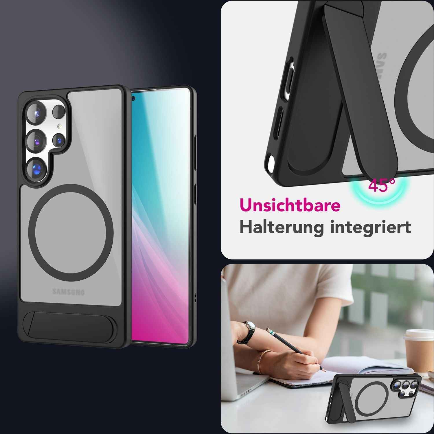 NALIA Triton für Samsung Galaxy S25 Ultra Hülle für MagSafe, Magnethülle mit Standfuß, Ring für Magnetisches Laden, Semi-Transparente Handyhülle mit Silikon-Rahmen