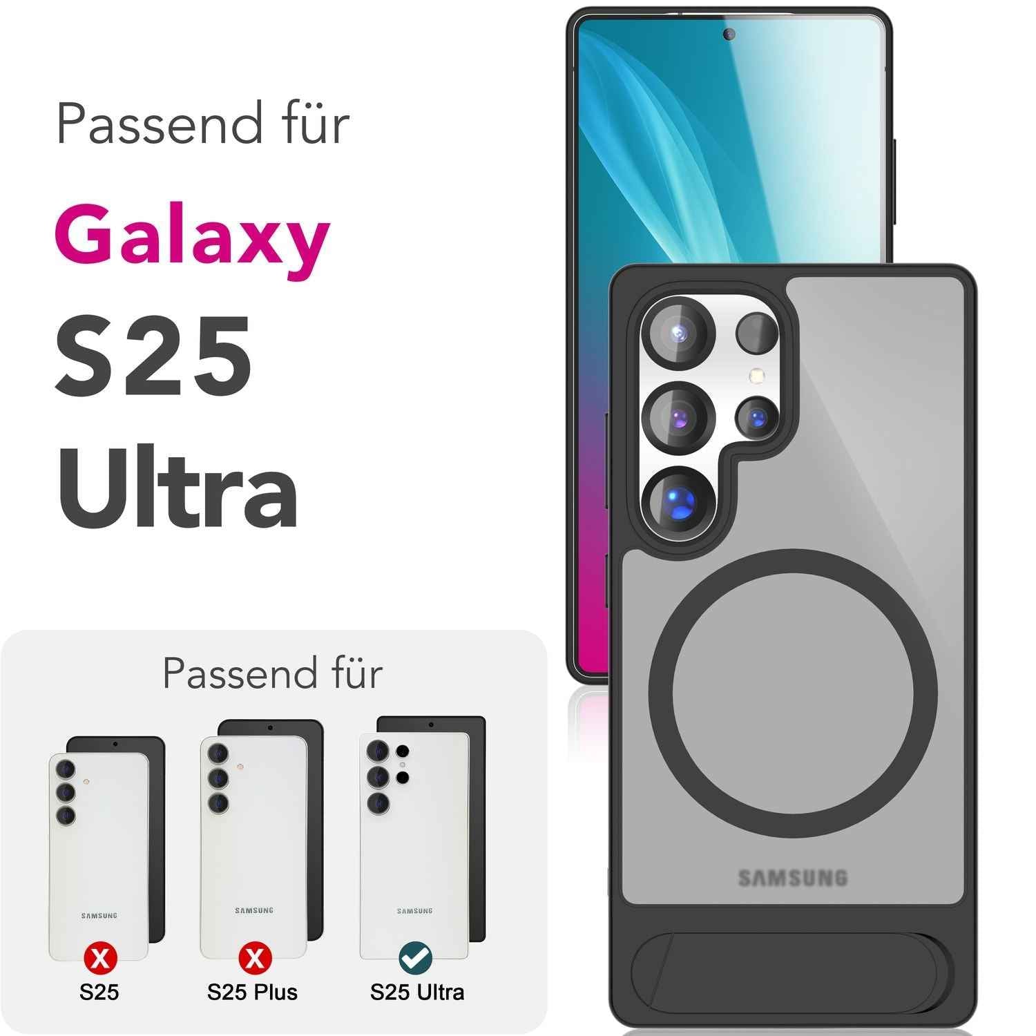 NALIA Triton für Samsung Galaxy S25 Ultra Hülle für MagSafe, Magnethülle mit Standfuß, Ring für Magnetisches Laden, Semi-Transparente Handyhülle mit Silikon-Rahmen