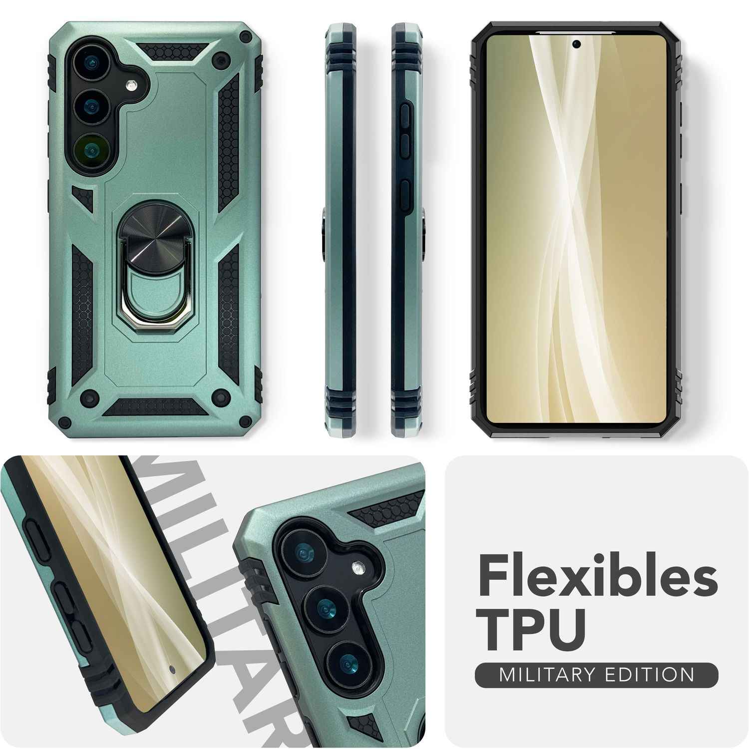 NALIA RingDefend für Samsung Galaxy S25 Hülle, Panzer Ringhülle im Militär-Stil, Schock-Resistente Schutzhülle mit 360° Drehbarem Ring, für Ständer und Finger-Halter