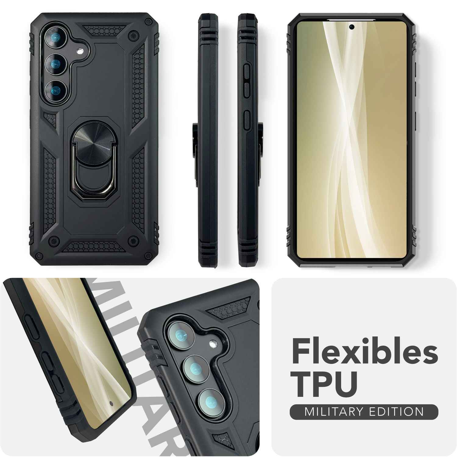 NALIA RingDefend für Samsung Galaxy S25 Plus Hülle, Stoßfeste Fallschutz Ringhülle, 360° Drehbarer Ring für Stand und Finger-Halter, Militär-Stil Panzer Schutzhülle
