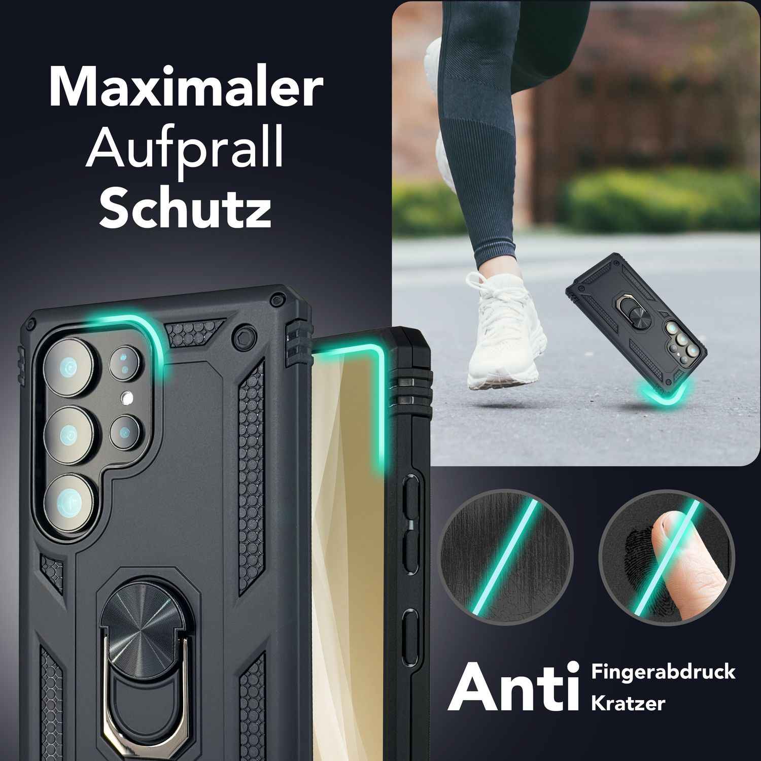 NALIA RingDefend für Samsung Galaxy S25 Ultra Hülle, Schockfeste Military Style Ringhülle, Kickstand Panzerhülle, 360° Rotierbarer Ring für Ständer und Finger-Halter