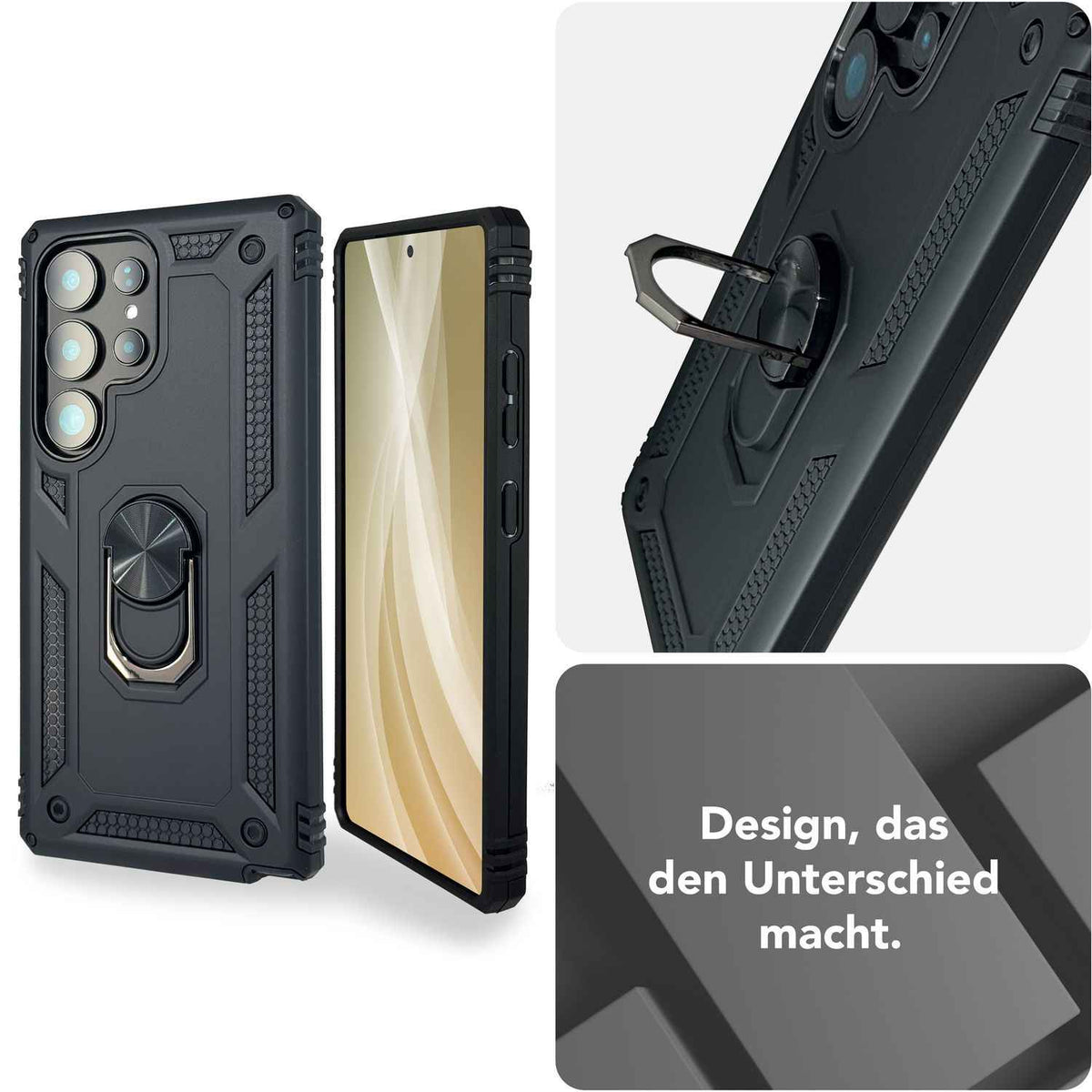 NALIA RingDefend für Samsung Galaxy S25 Ultra Hülle, Schockfeste Military Style Ringhülle, Kickstand Panzerhülle, 360° Rotierbarer Ring für Ständer und Finger-Halter