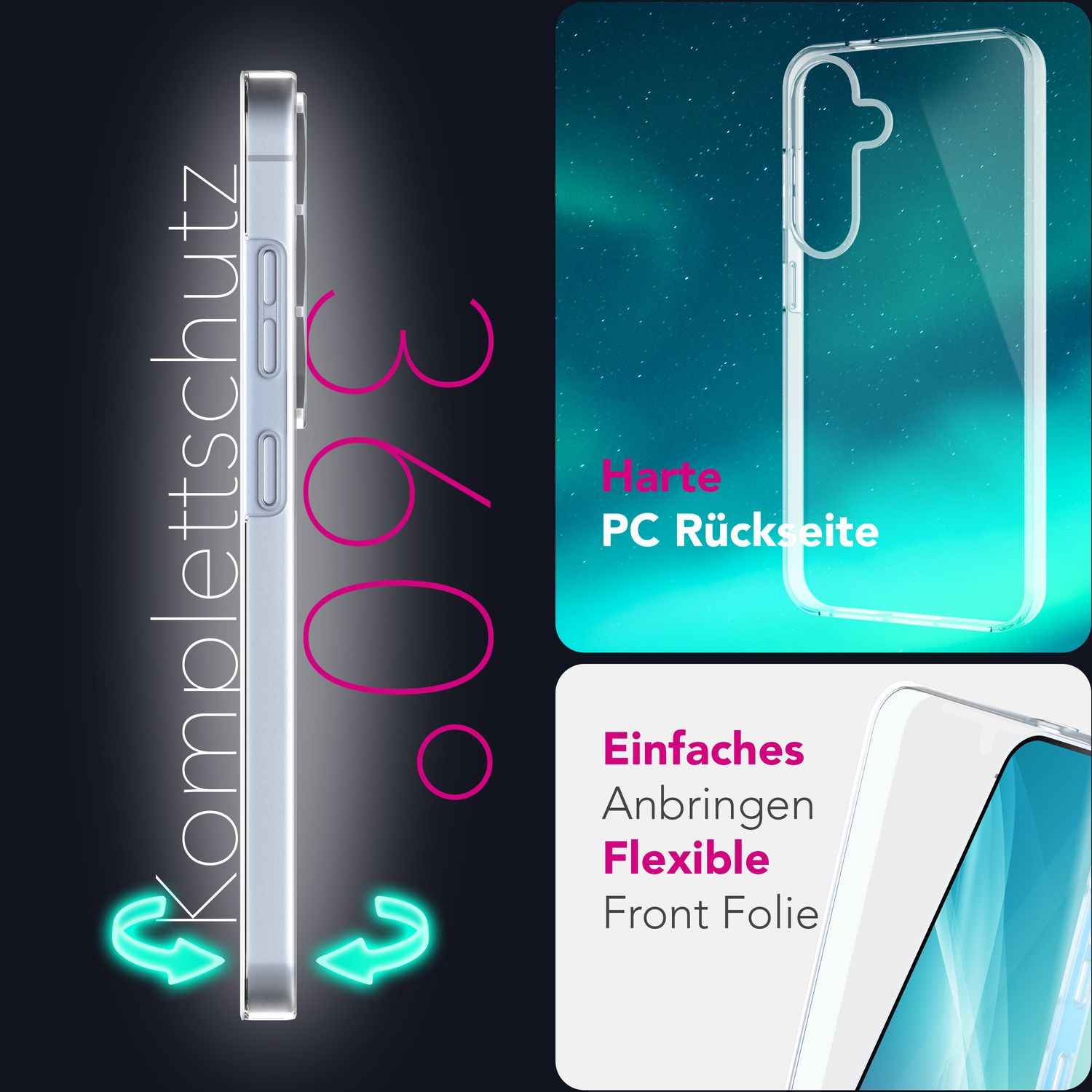 NALIA 360Guard für Samsung Galaxy S25 Hülle, Kristall-Klare 360° Schutzhülle, Anti-Gelb Effekt, Transparente Komplettschutz Handyhülle, Stabile Zweiteilige Full-Body Klarsichthülle
