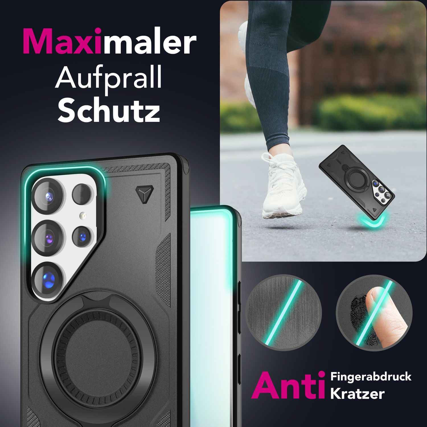 NALIA Stormguard für Samsung Galaxy S25 Ultra Hülle für MagSafe, Armor Military Ringhülle, Schlagfeste Fallschutz Handyhülle mit 360° drehbarem Ring für Standfunktion
