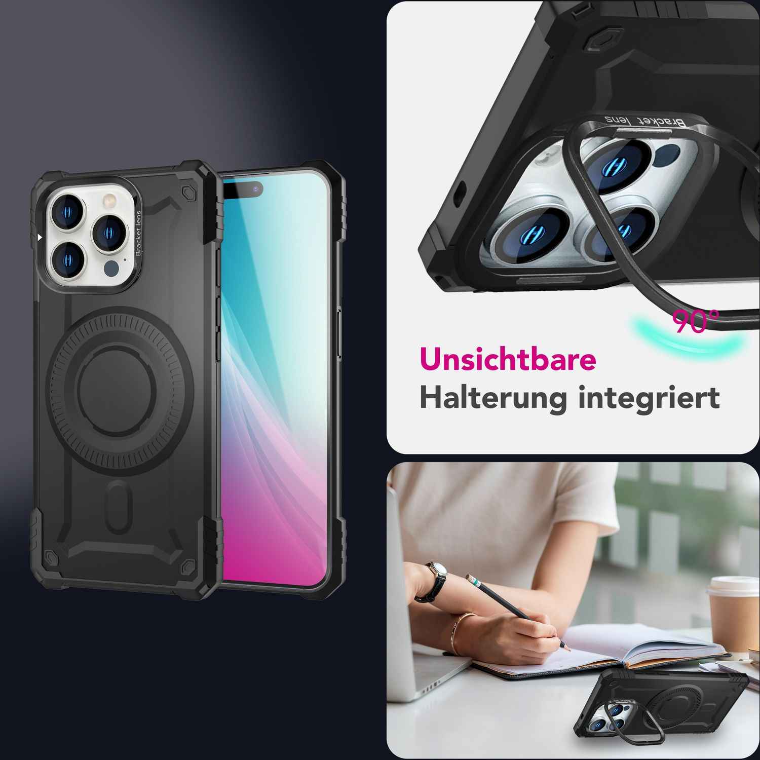 NALIA Granite für iPhone 16 Pro Max Hülle [für MagSafe], Ultra Robuster Panzerschutz, Starker Magnetring, Stoßfest & Bruchsicher, Kamera-Ständer, Armor Case