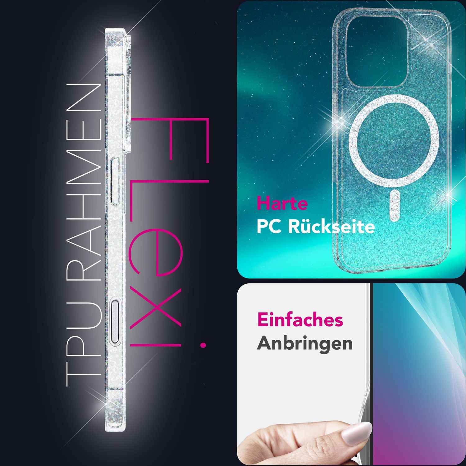 NALIA Starlite für iPhone 16 Pro Max Hülle [für MagSafe], Glitzer Cover mit Magnetring, Transparent & Funkelnd, Kratzfeste Harte Rückseite, Robuster TPU-Rahmen, Klare Glitzerhülle