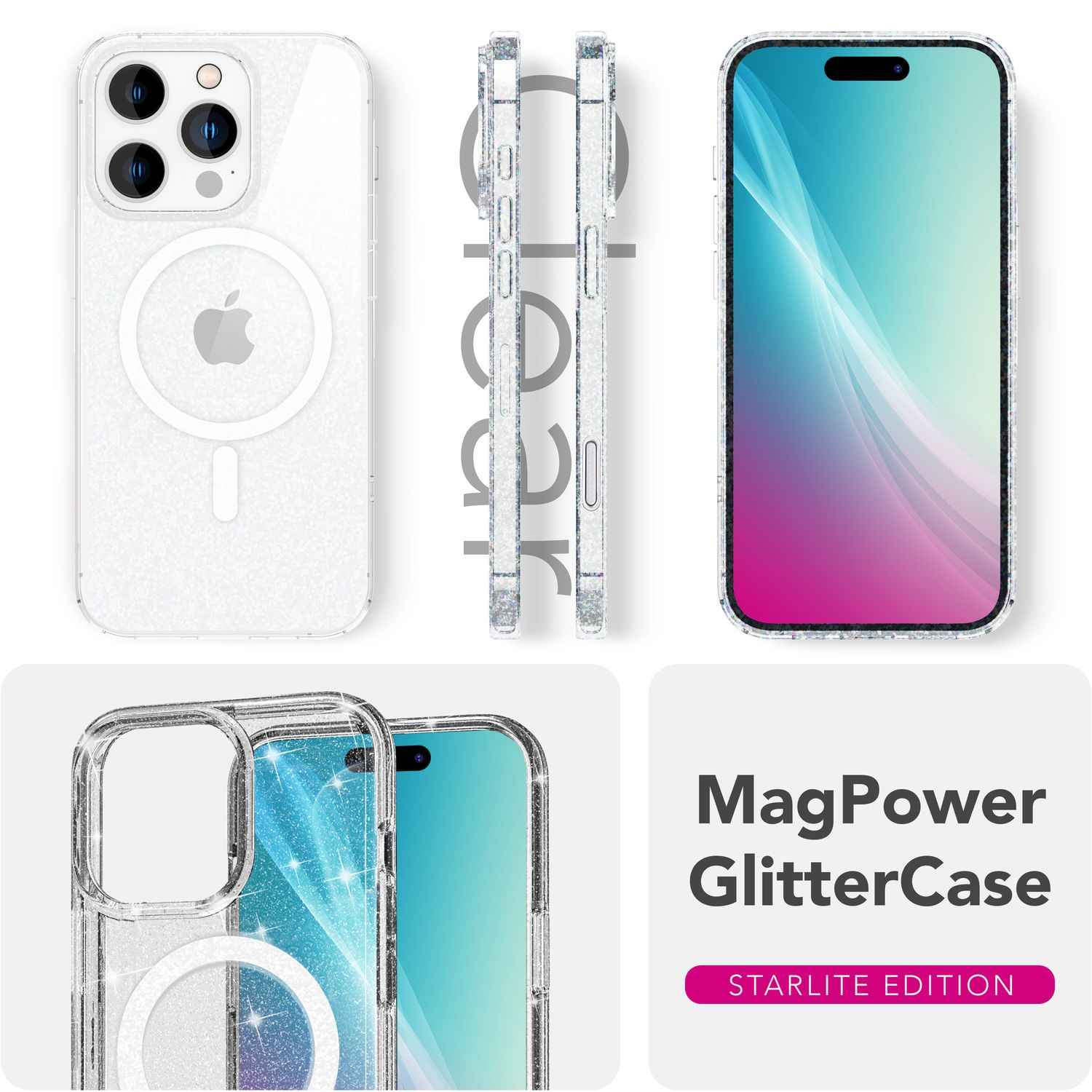 NALIA Starlite für iPhone 16 Pro Max Hülle [für MagSafe], Glitzer Cover mit Magnetring, Transparent & Funkelnd, Kratzfeste Harte Rückseite, Robuster TPU-Rahmen, Klare Glitzerhülle
