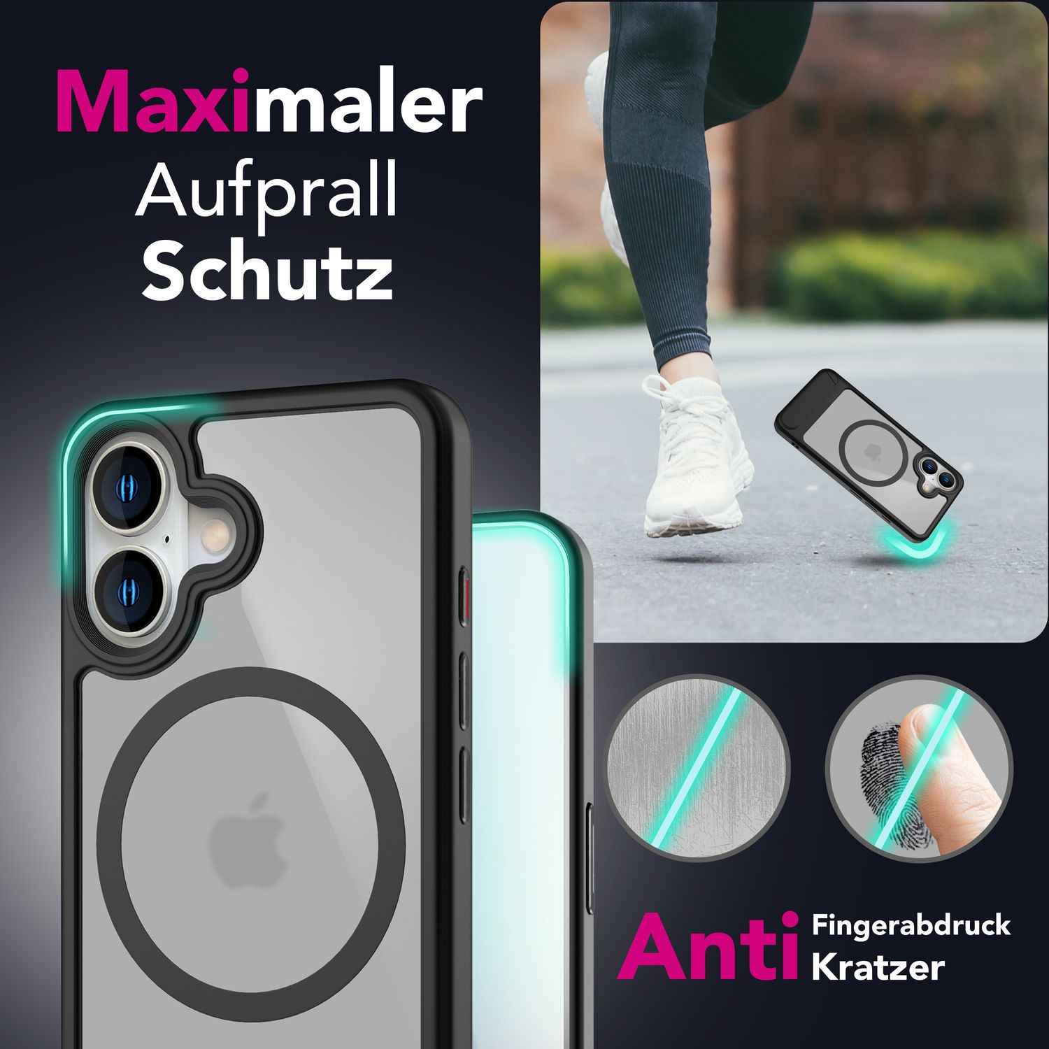NALIA Triton für iPhone 16 Hülle [für MagSafe], Transparent Matt mit Stoßschutz, Kickstand zum Aufstellen, Integrierter Magnetring, Kamera Schutzrand, Rutschfest - Titan Schwarz
