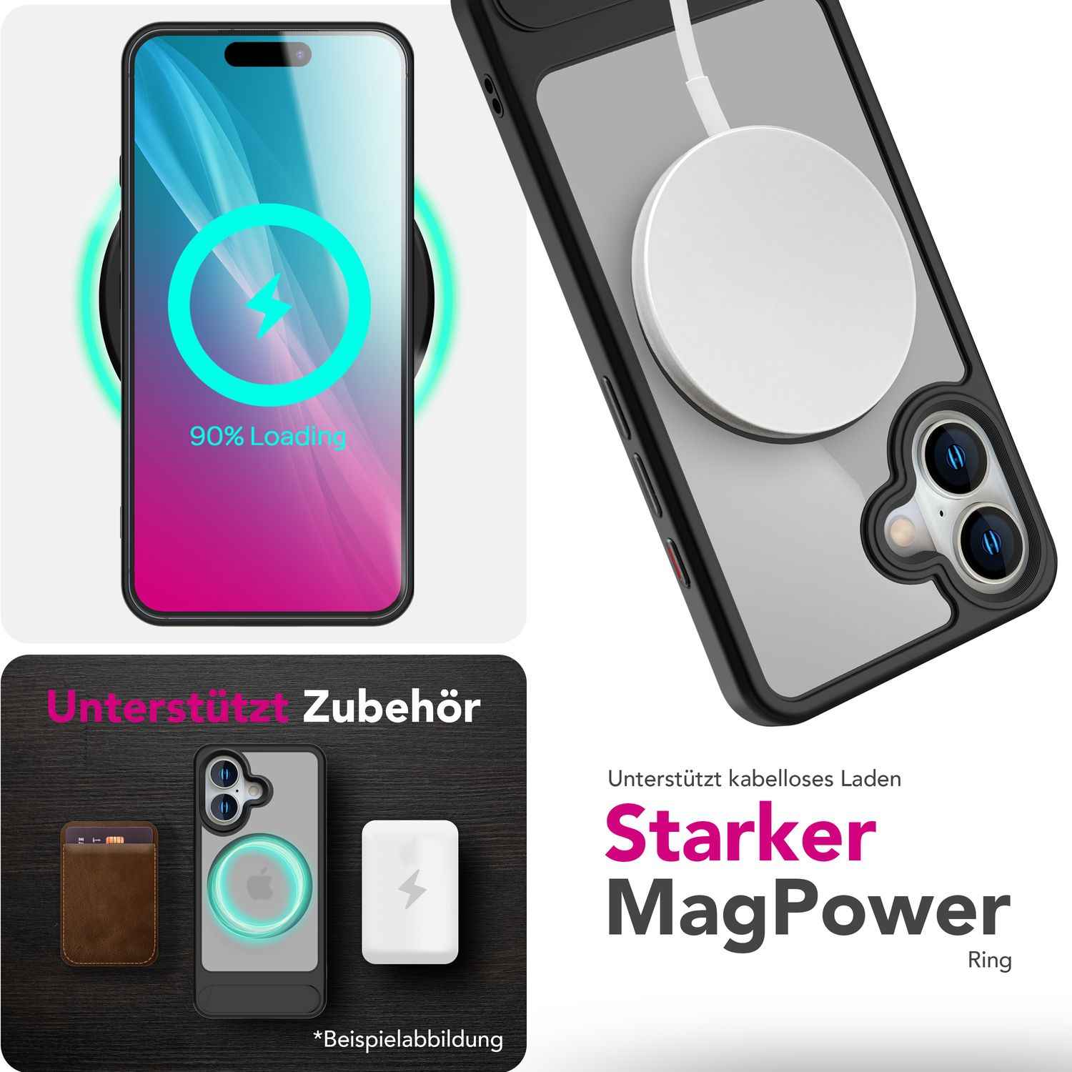 NALIA Triton für iPhone 16 Hülle [für MagSafe], Transparent Matt mit Stoßschutz, Kickstand zum Aufstellen, Integrierter Magnetring, Kamera Schutzrand, Rutschfest - Titan Schwarz