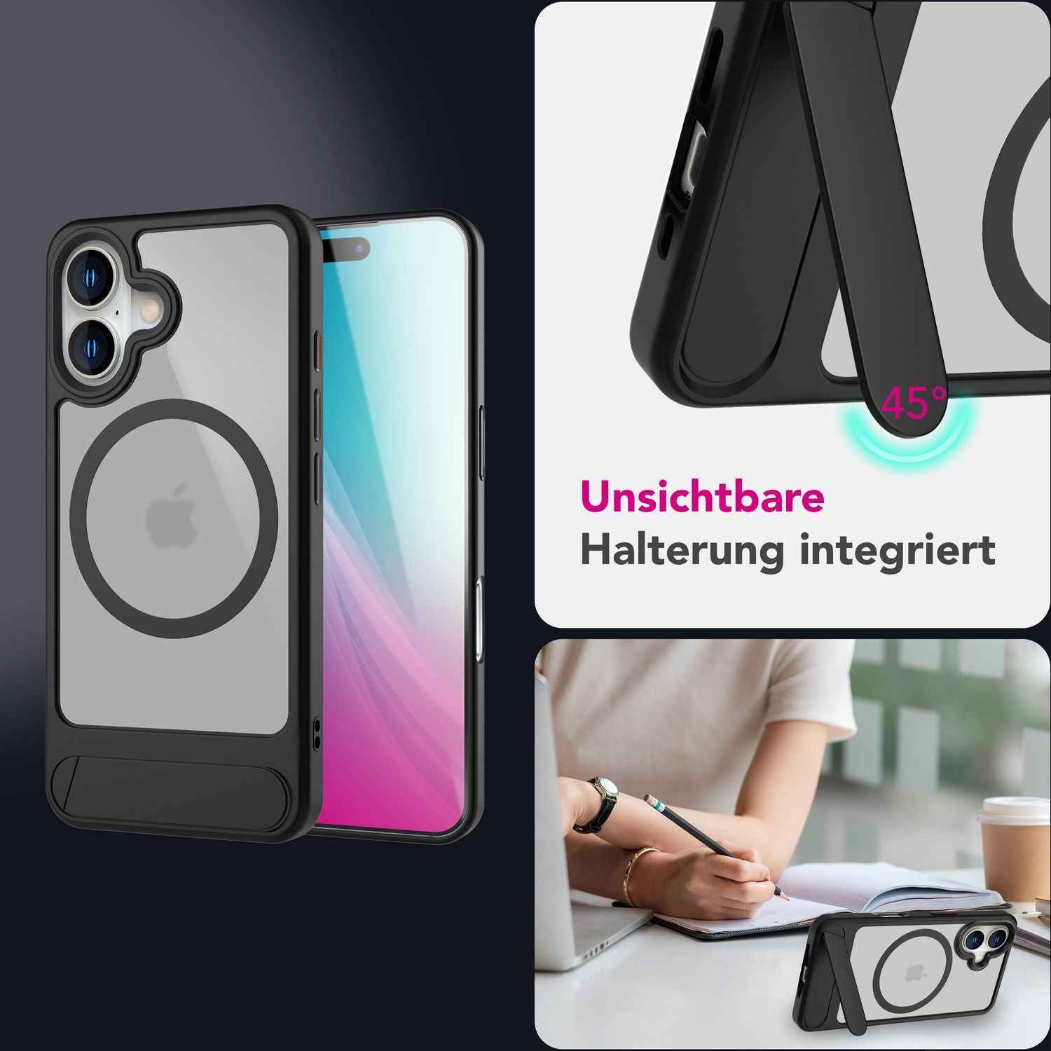 NALIA Triton für iPhone 16 Hülle [für MagSafe], Transparent Matt mit Stoßschutz, Kickstand zum Aufstellen, Integrierter Magnetring, Kamera Schutzrand, Rutschfest - Titan Schwarz