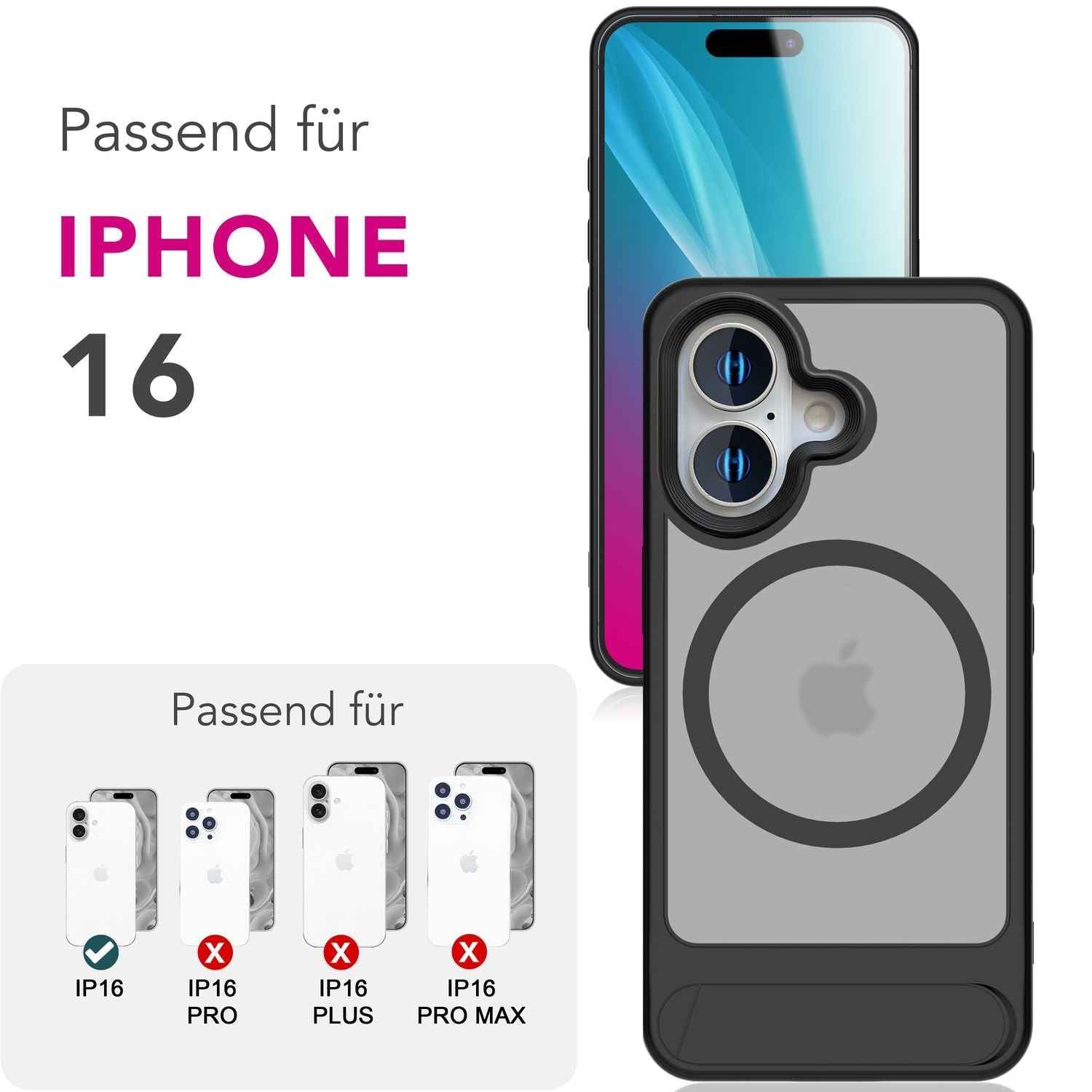 NALIA Triton für iPhone 16 Hülle [für MagSafe], Transparent Matt mit Stoßschutz, Kickstand zum Aufstellen, Integrierter Magnetring, Kamera Schutzrand, Rutschfest - Titan Schwarz