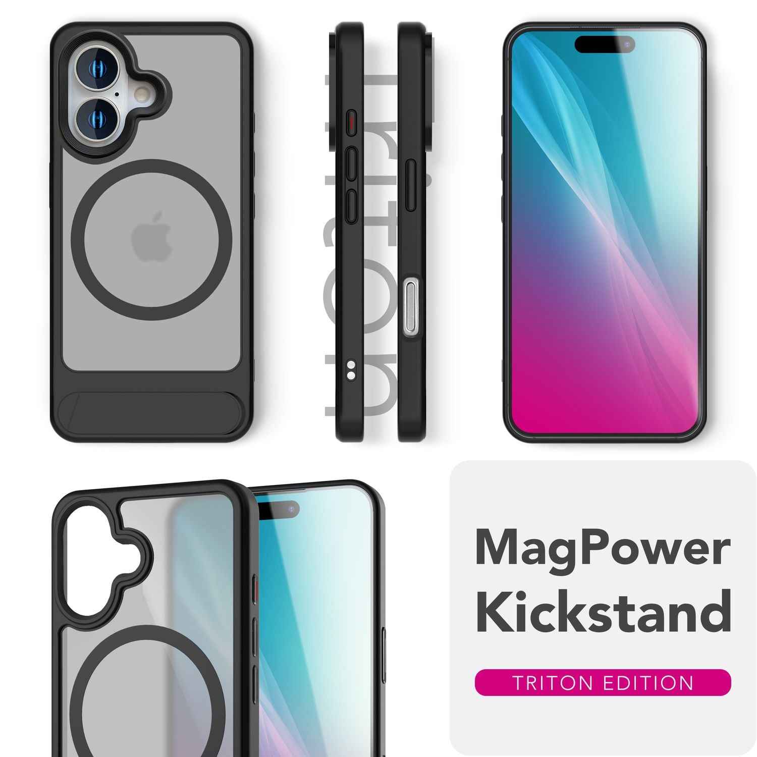NALIA Triton für iPhone 16 Hülle [für MagSafe], Transparent Matt mit Stoßschutz, Kickstand zum Aufstellen, Integrierter Magnetring, Kamera Schutzrand, Rutschfest - Titan Schwarz