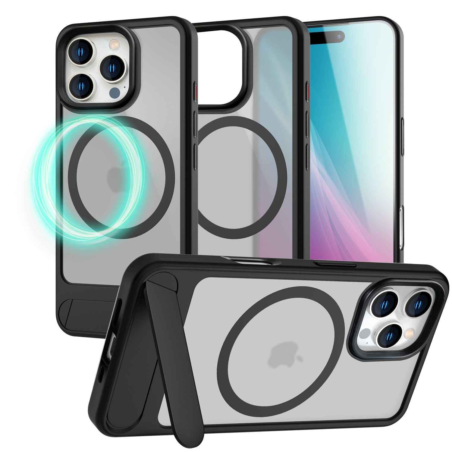 NALIA Triton für iPhone 16 Pro Hülle [für MagSafe], Matt Transparentes Case mit Kickstand, Stoßfest & Kratzfest, Robuster TPU-Rahmen, Stabile Rückseite mit Magnetring