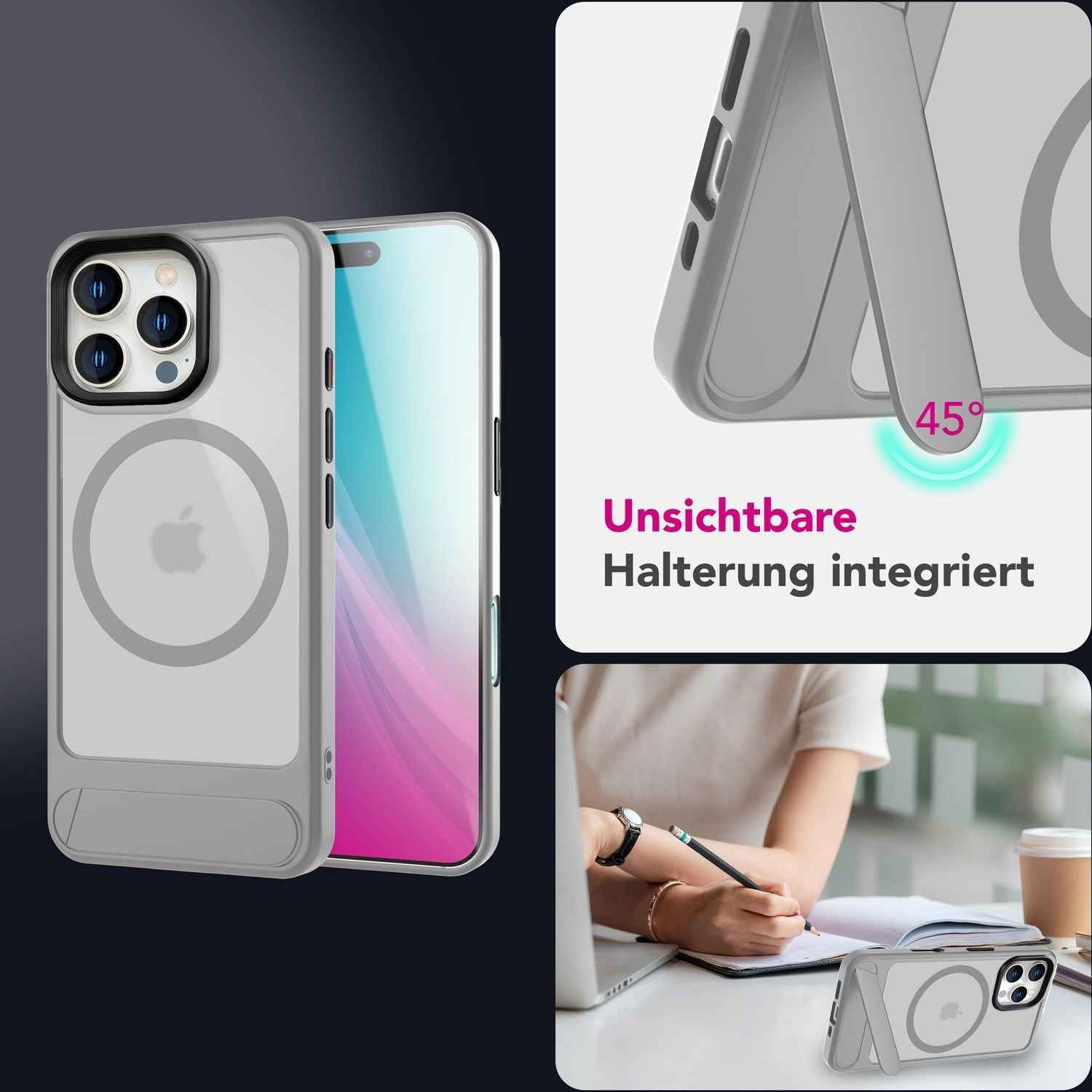 NALIA Triton für iPhone 16 Pro Hülle [für MagSafe], Matt Transparentes Case mit Kickstand, Stoßfest & Kratzfest, Robuster TPU-Rahmen, Stabile Rückseite mit Magnetring