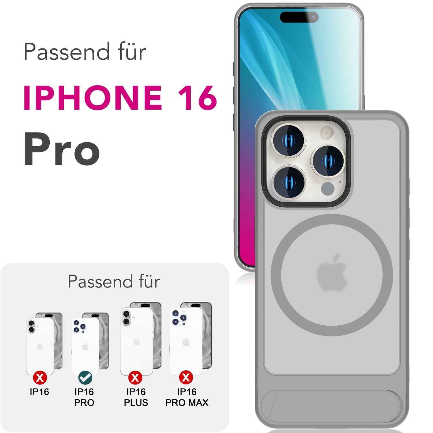 NALIA Triton für iPhone 16 Pro Hülle [für MagSafe], Matt Transparentes Case mit Kickstand, Stoßfest & Kratzfest, Robuster TPU-Rahmen, Stabile Rückseite mit Magnetring