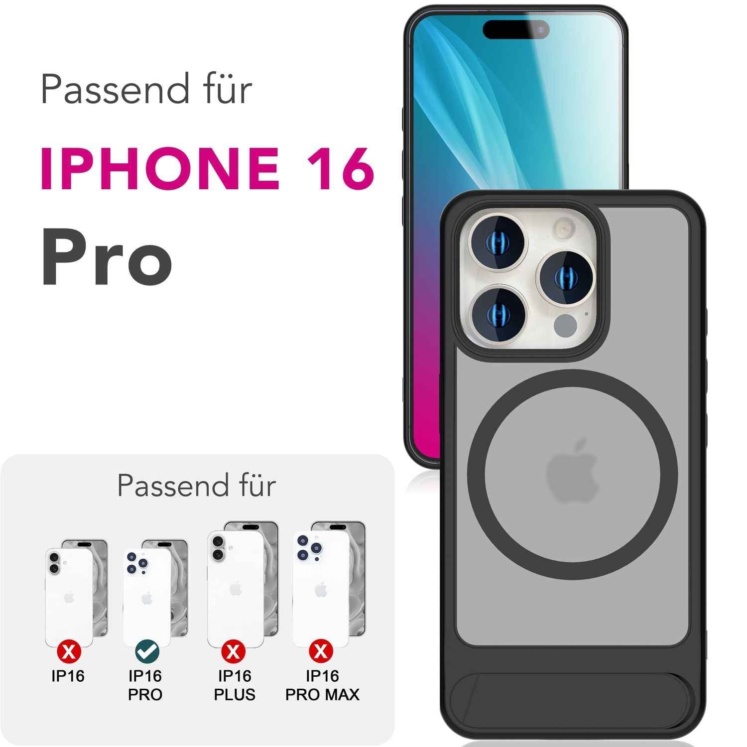 NALIA Triton für iPhone 16 Pro Hülle [für MagSafe], Matt Transparentes Case mit Kickstand, Stoßfest & Kratzfest, Robuster TPU-Rahmen, Stabile Rückseite mit Magnetring