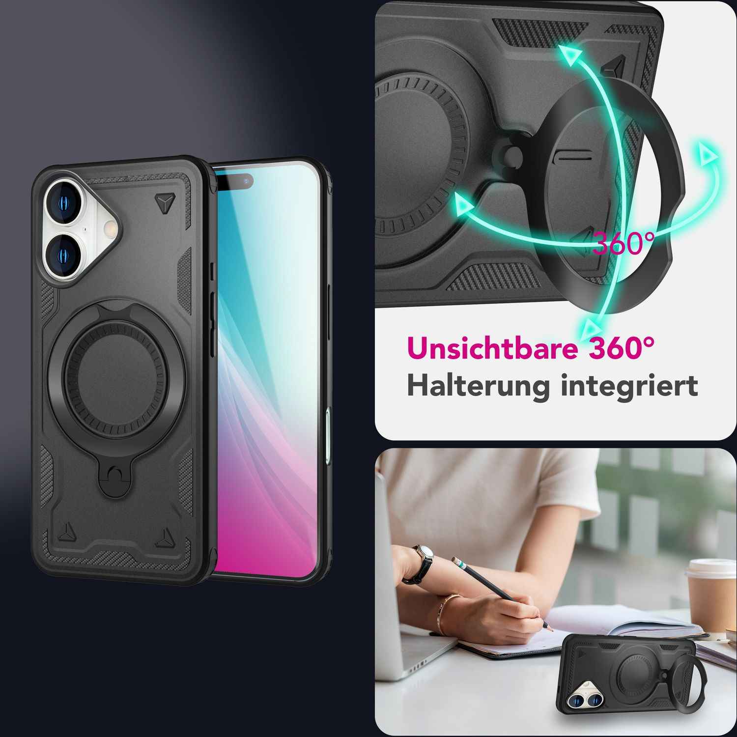 NALIA Stormguard für iPhone 16 Hülle [für MagSafe], Robustes Armor Case, Ringhalter mit 360° Drehfunktion, Stoßfest & Bruchsicher, Starker MagPower-Magnet, Panzer - Titan Schwarz
