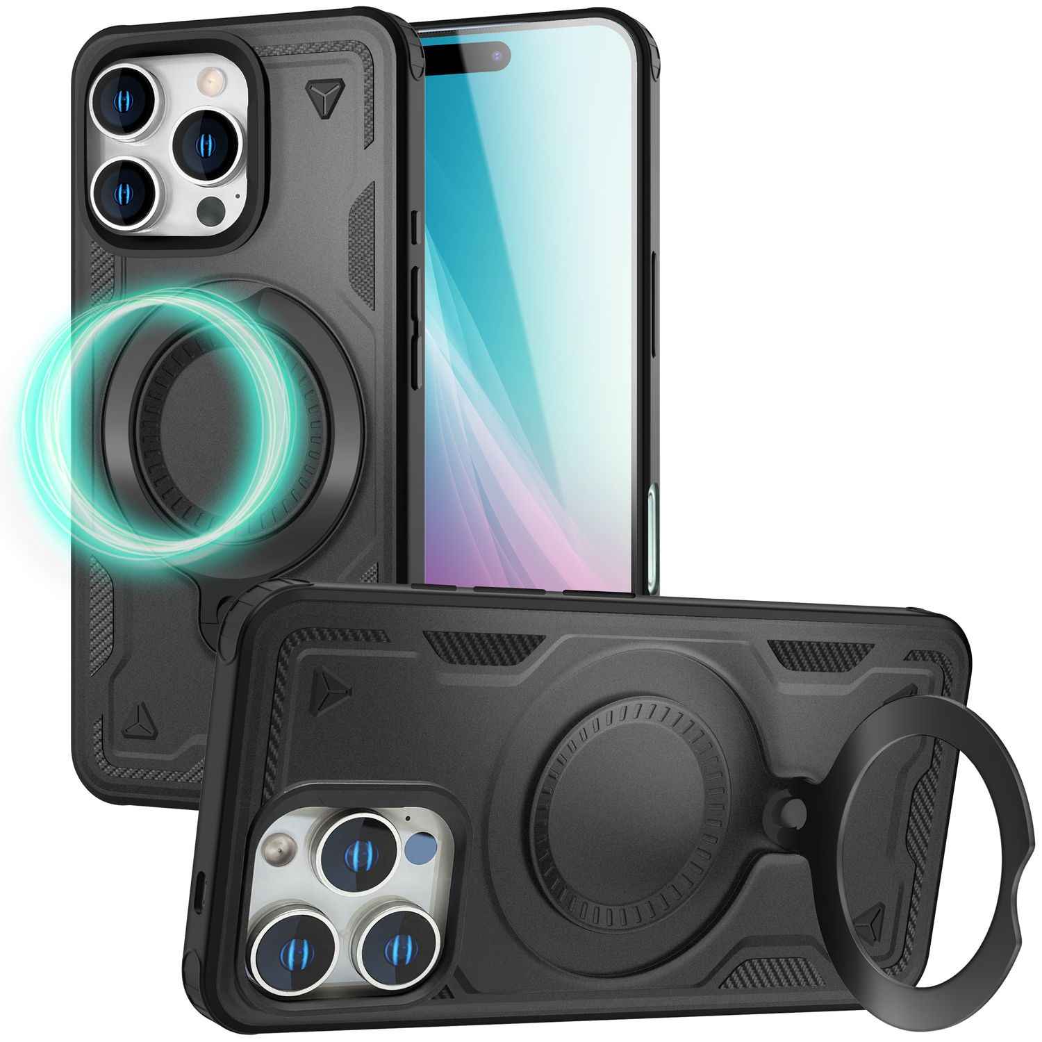 NALIA Stormguard für iPhone 16 Pro Hülle [für MagSafe], Schlagfeste Panzerhülle, 360° Ringhalter, Robust & Bruchsicher, Starker MagPower Magnet, Standfunktion