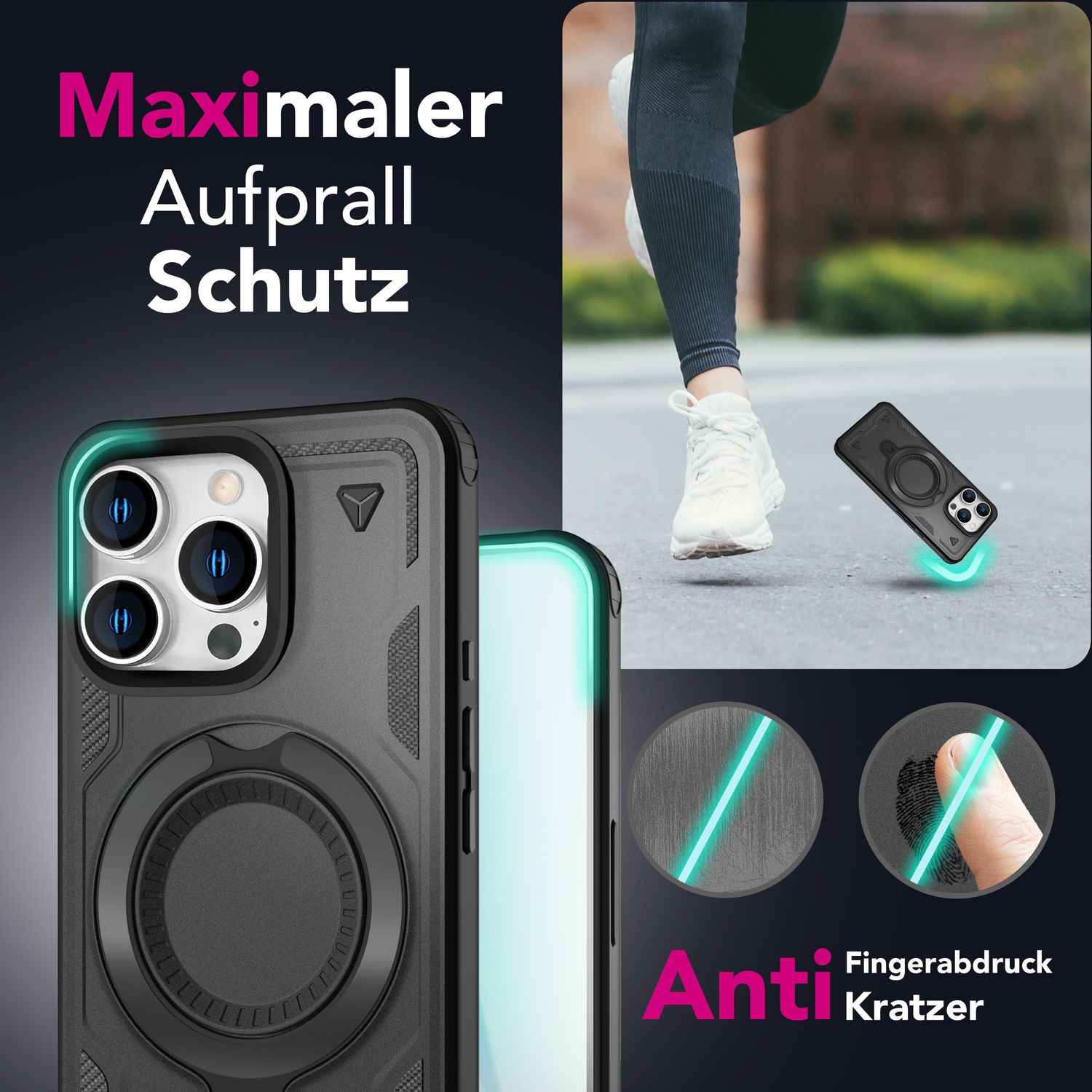 NALIA Stormguard für iPhone 16 Pro Hülle [für MagSafe], Schlagfeste Panzerhülle, 360° Ringhalter, Robust & Bruchsicher, Starker MagPower Magnet, Standfunktion