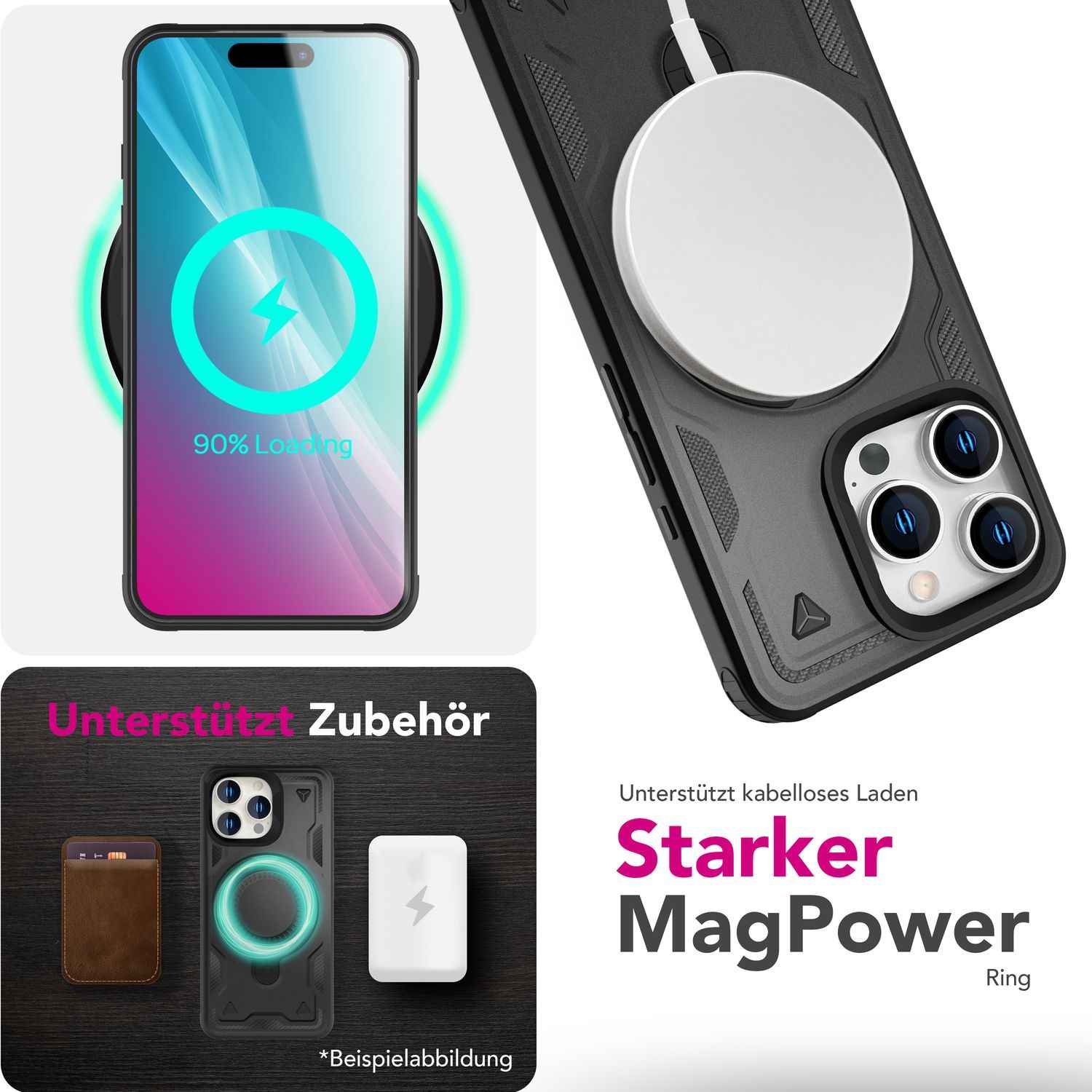 NALIA Stormguard für iPhone 16 Pro Hülle [für MagSafe], Schlagfeste Panzerhülle, 360° Ringhalter, Robust & Bruchsicher, Starker MagPower Magnet, Standfunktion