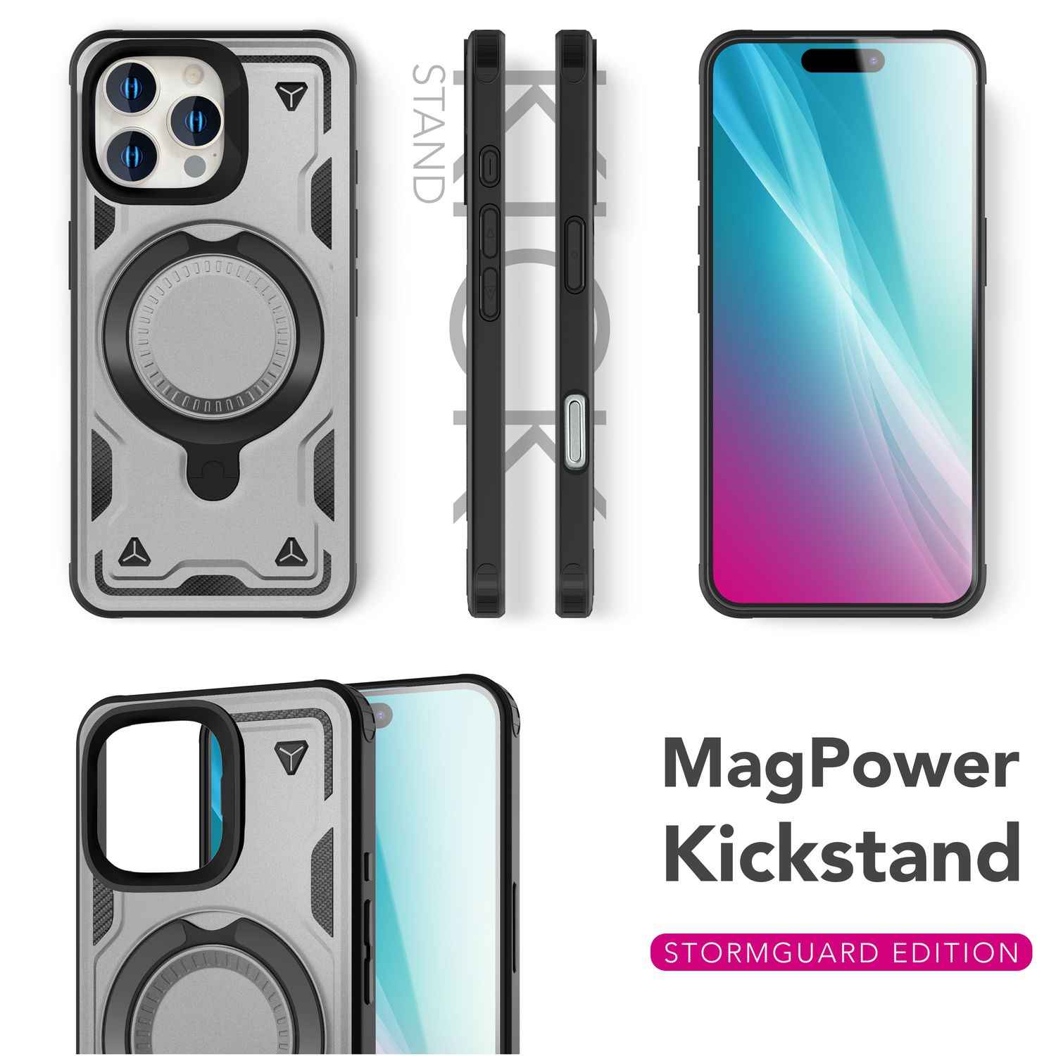 NALIA Stormguard für iPhone 16 Pro Hülle [für MagSafe], Schlagfeste Panzerhülle, 360° Ringhalter, Robust & Bruchsicher, Starker MagPower Magnet, Standfunktion