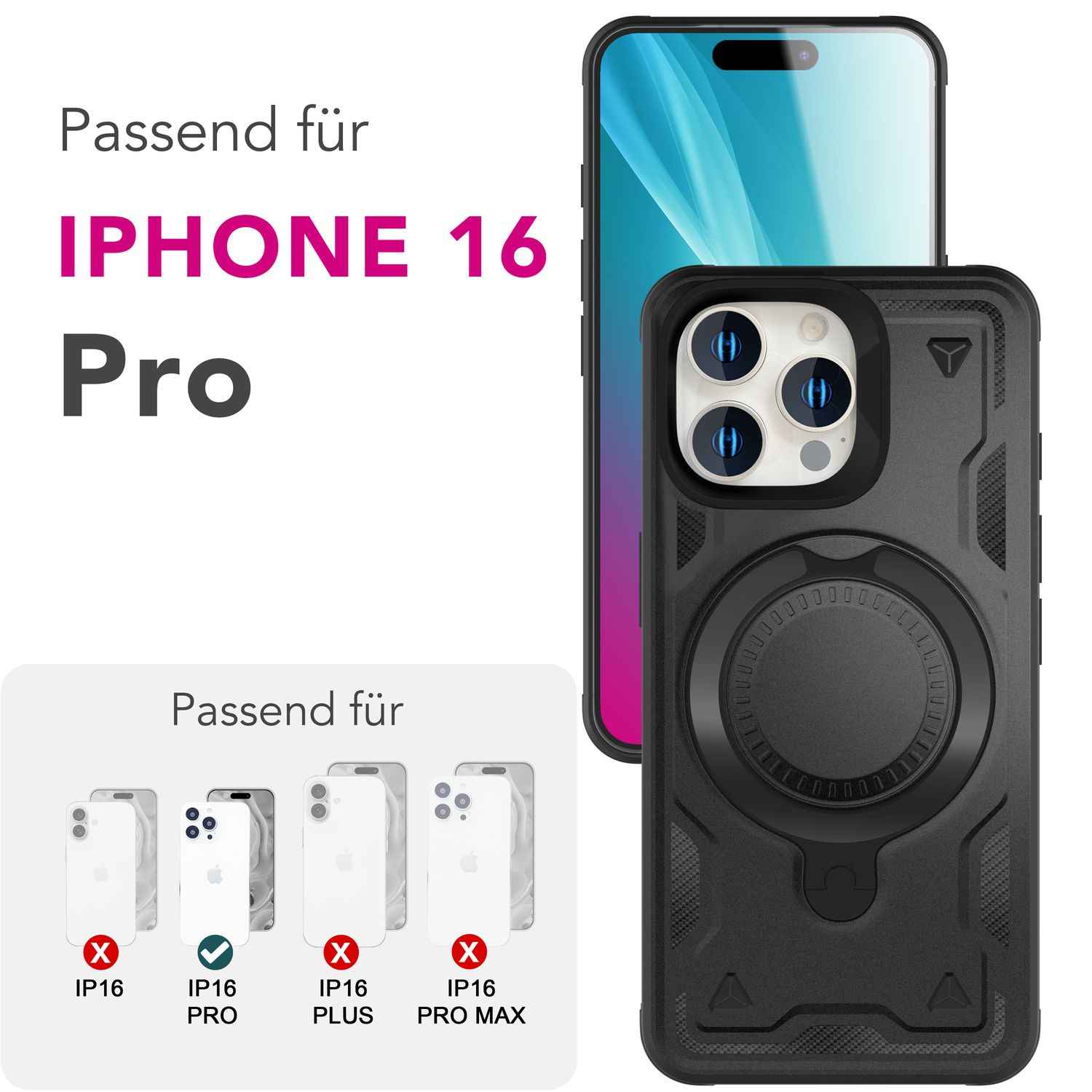 NALIA Stormguard für iPhone 16 Pro Hülle [für MagSafe], Schlagfeste Panzerhülle, 360° Ringhalter, Robust & Bruchsicher, Starker MagPower Magnet, Standfunktion