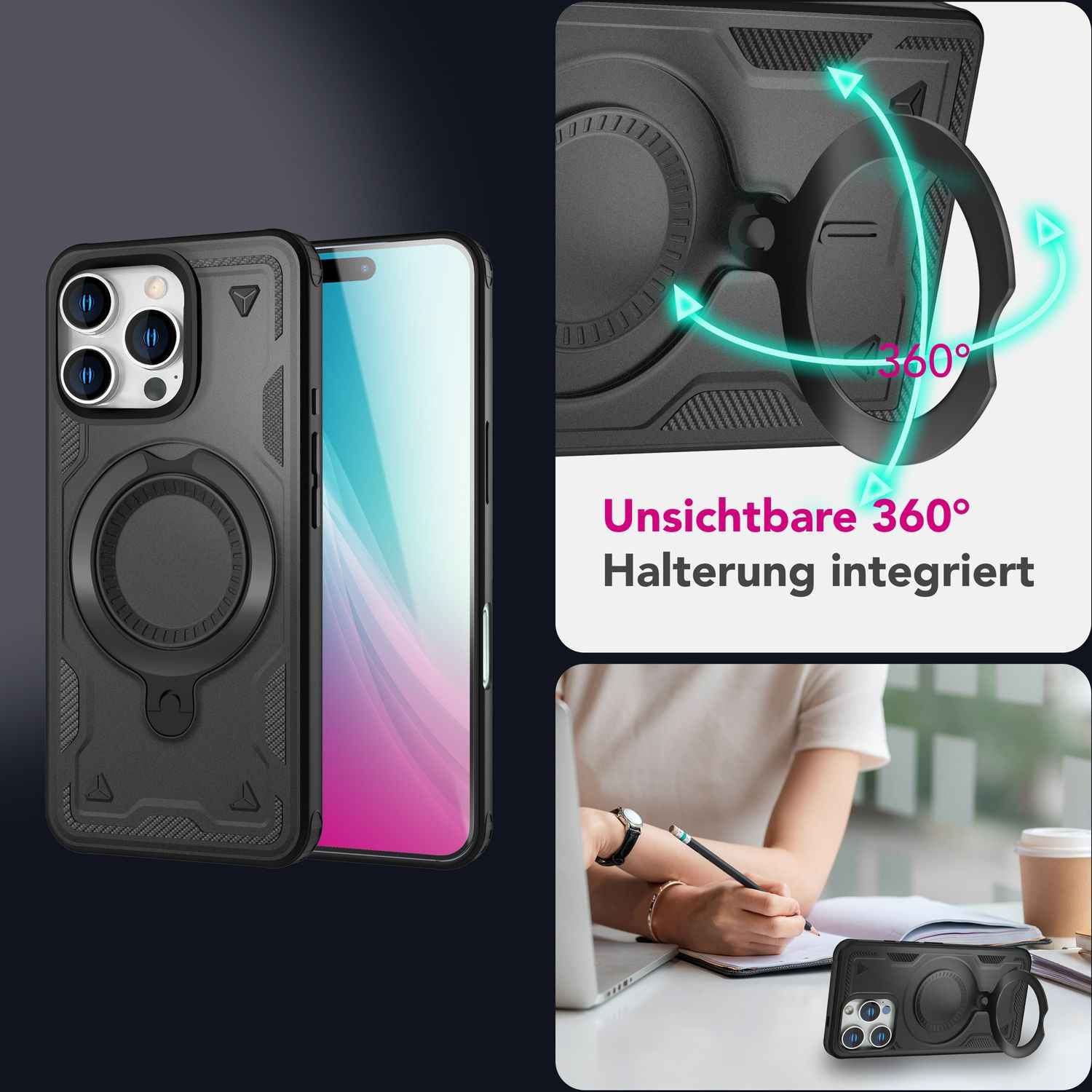 NALIA Stormguard für iPhone 16 Pro Max Hülle [für MagSafe], Stoßfestes Panzer Case, 360° Rotierbarer Ringhalter, Bruchsicher, Starker MagPower Magnet, Armor Schutz