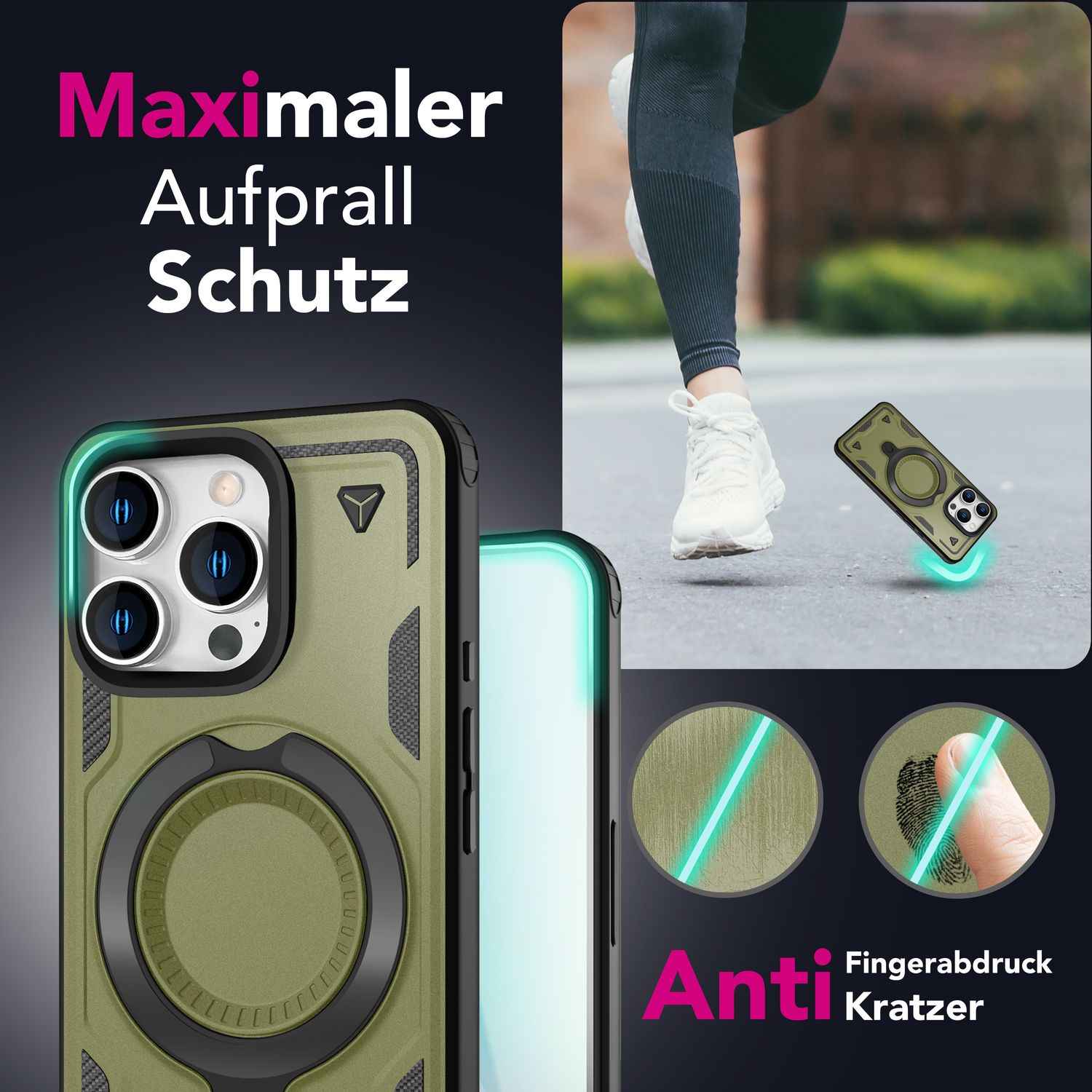NALIA Stormguard für iPhone 16 Pro Max Hülle [für MagSafe], Stoßfestes Panzer Case, 360° Rotierbarer Ringhalter, Bruchsicher, Starker MagPower Magnet, Armor Schutz