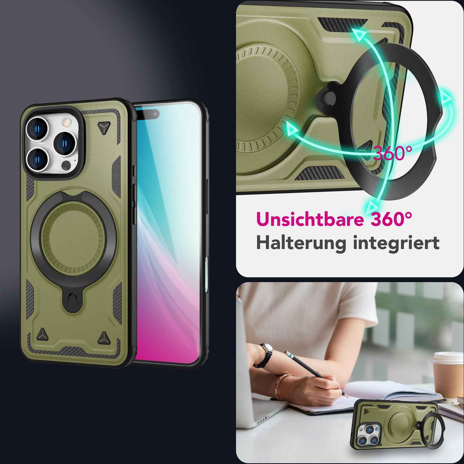 NALIA Stormguard für iPhone 16 Pro Max Hülle [für MagSafe], Stoßfestes Panzer Case, 360° Rotierbarer Ringhalter, Bruchsicher, Starker MagPower Magnet, Armor Schutz