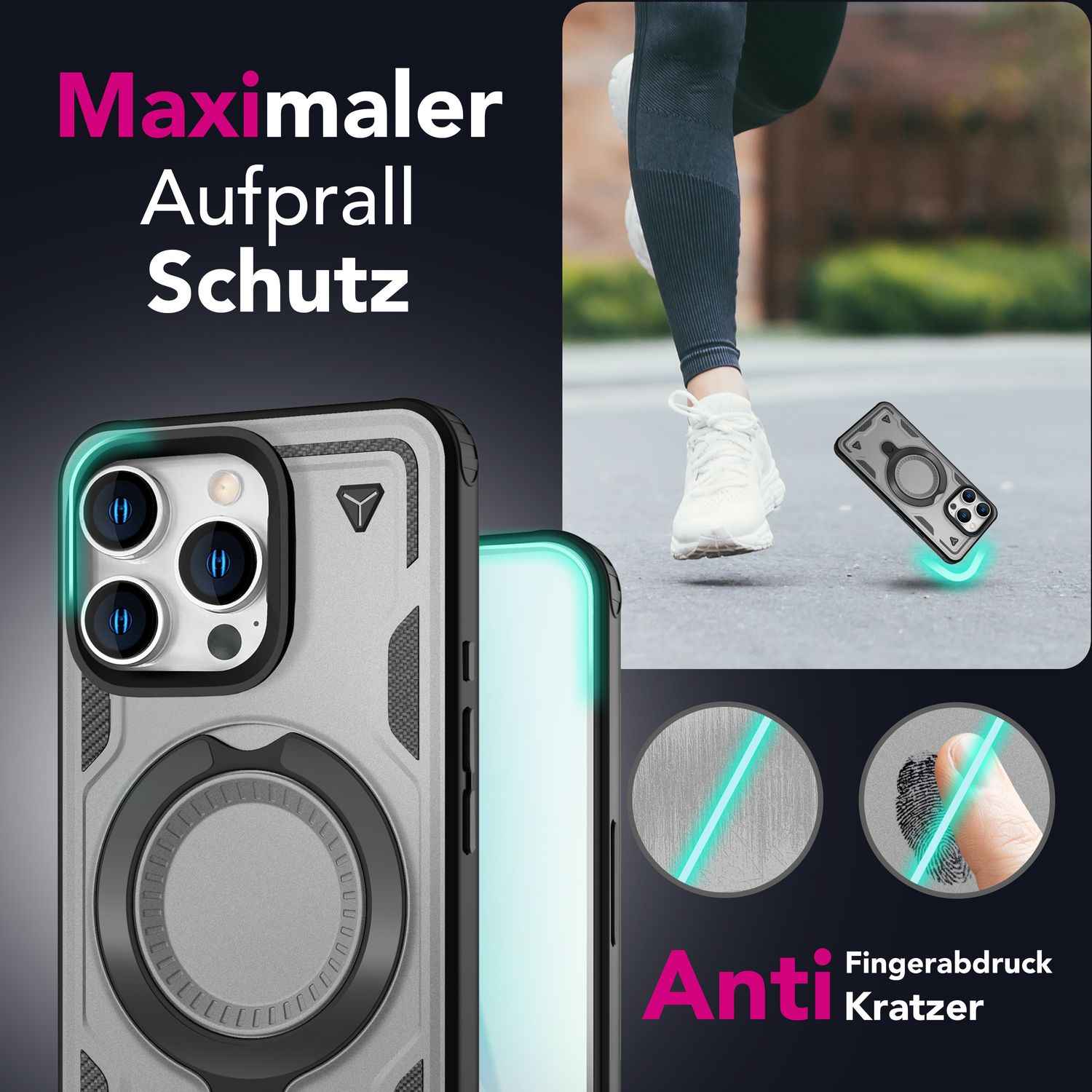 NALIA Stormguard für iPhone 16 Pro Max Hülle [für MagSafe], Stoßfestes Panzer Case, 360° Rotierbarer Ringhalter, Bruchsicher, Starker MagPower Magnet, Armor Schutz
