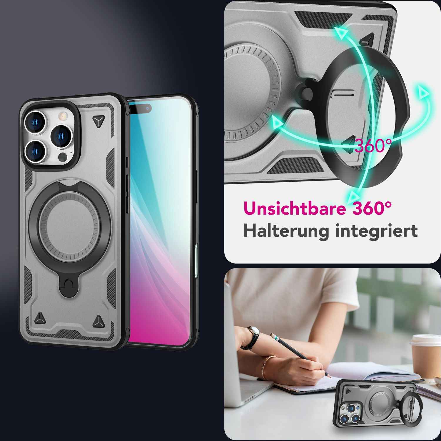 NALIA Stormguard für iPhone 16 Pro Max Hülle [für MagSafe], Stoßfestes Panzer Case, 360° Rotierbarer Ringhalter, Bruchsicher, Starker MagPower Magnet, Armor Schutz