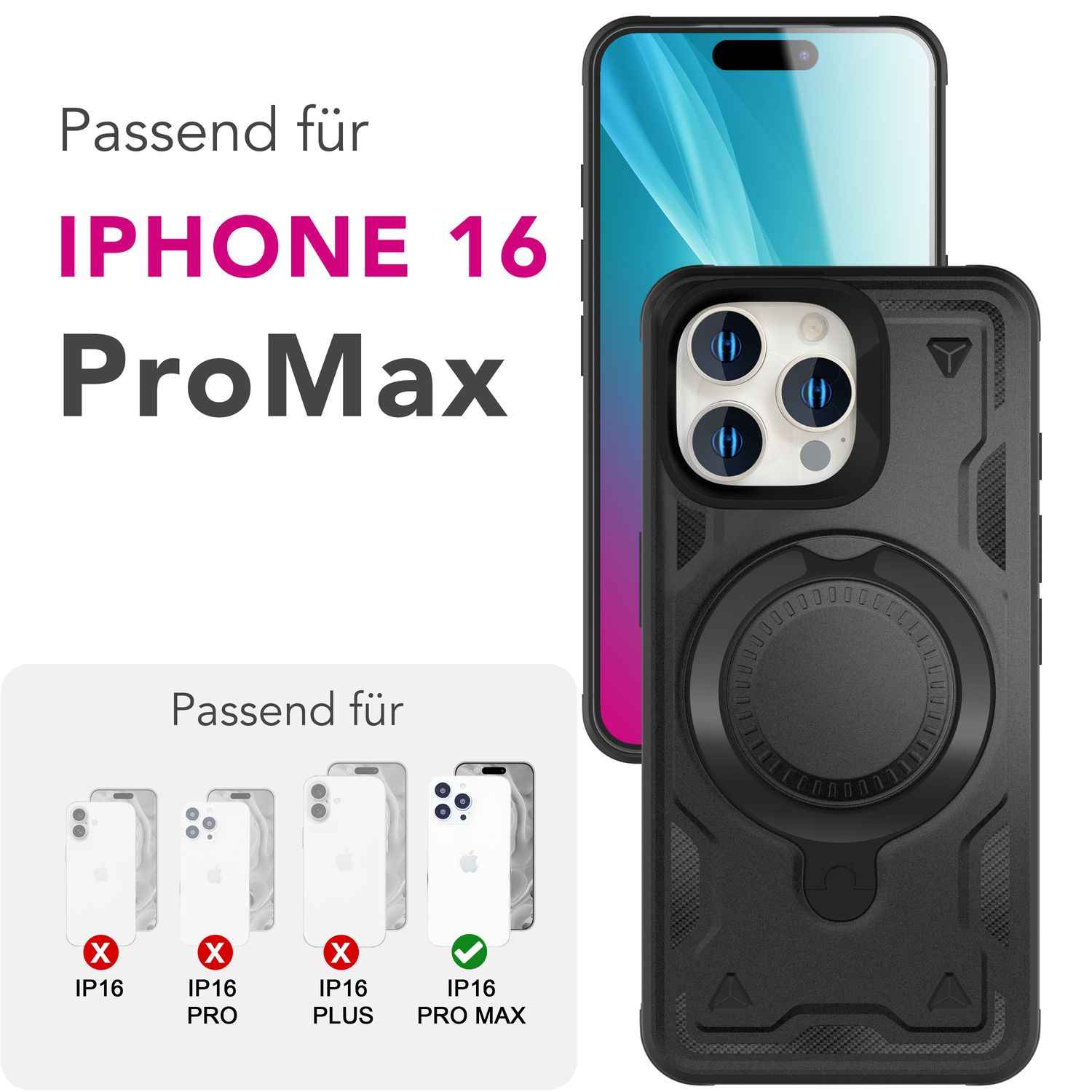 NALIA Stormguard für iPhone 16 Pro Max Hülle [für MagSafe], Stoßfestes Panzer Case, 360° Rotierbarer Ringhalter, Bruchsicher, Starker MagPower Magnet, Armor Schutz