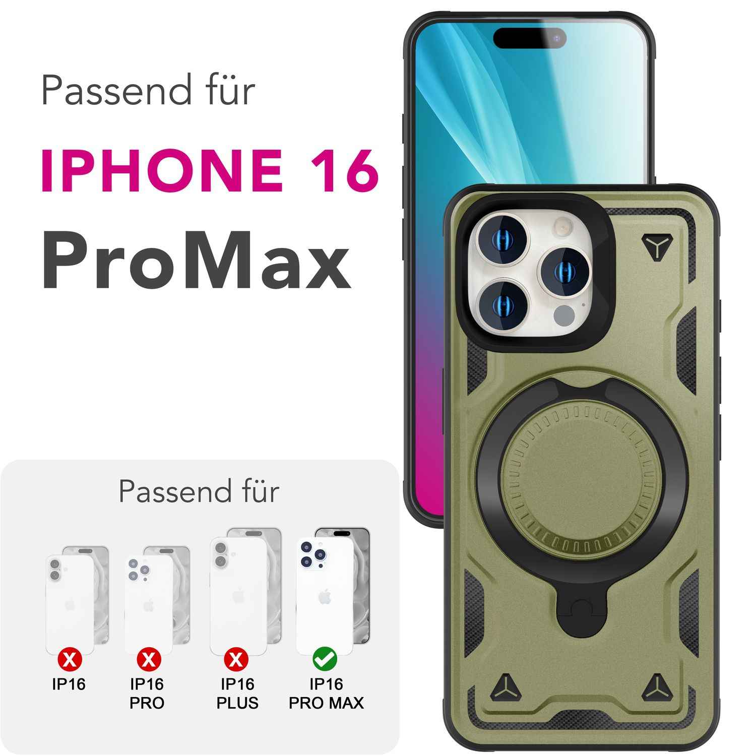 NALIA Stormguard für iPhone 16 Pro Max Hülle [für MagSafe], Stoßfestes Panzer Case, 360° Rotierbarer Ringhalter, Bruchsicher, Starker MagPower Magnet, Armor Schutz