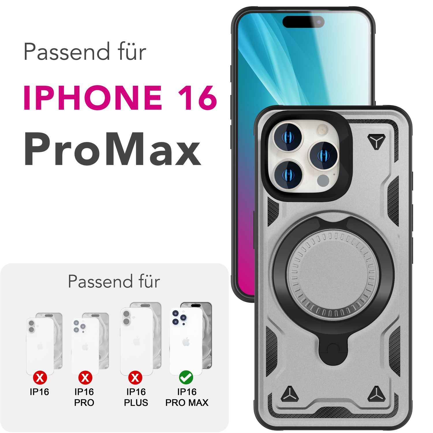 NALIA Stormguard für iPhone 16 Pro Max Hülle [für MagSafe], Stoßfestes Panzer Case, 360° Rotierbarer Ringhalter, Bruchsicher, Starker MagPower Magnet, Armor Schutz