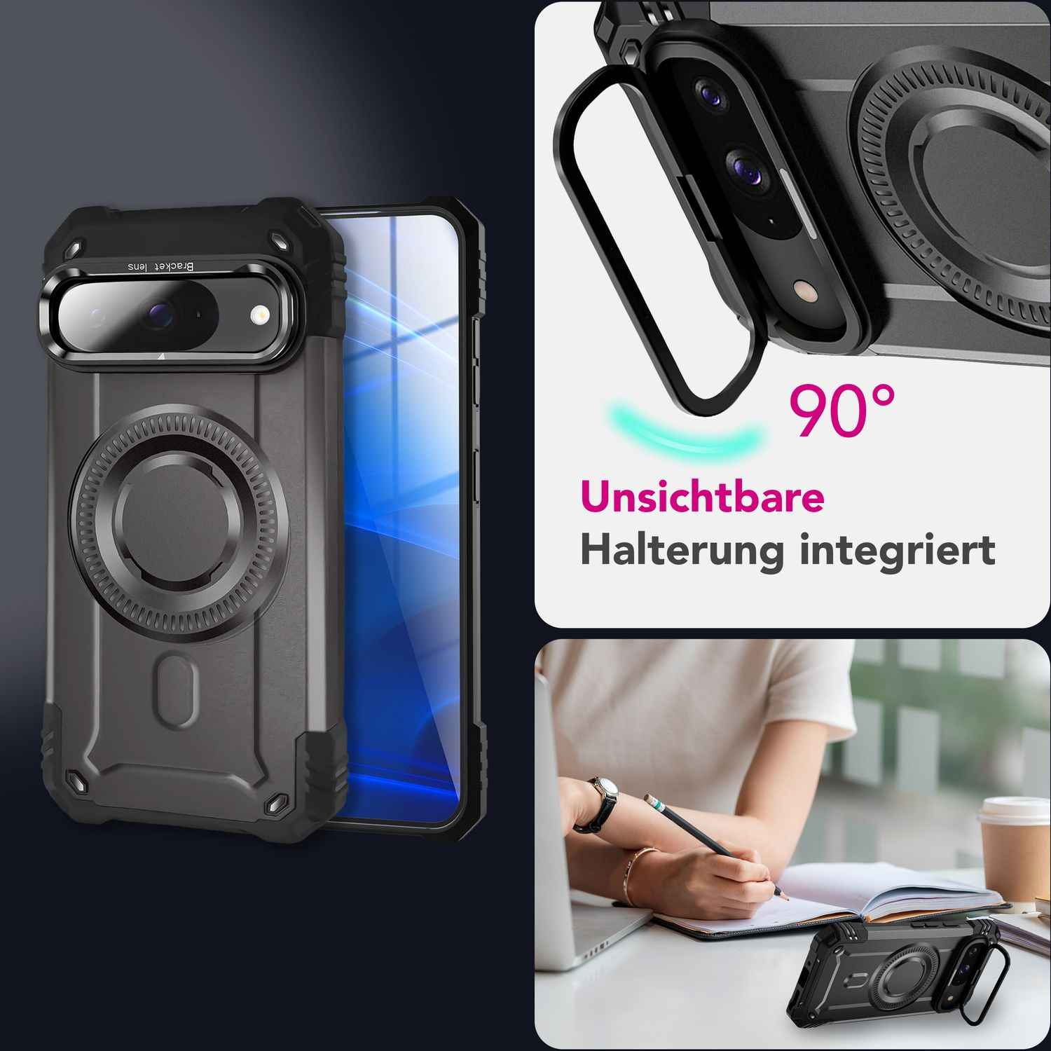 NALIA Granite Hülle für Google Pixel 9 – Handyhülle für MagSafe, Stoßfestes Panzer Hardcase mit Dual-Layer Schutz, Integrierter Metall-Kickstand, Military Cover