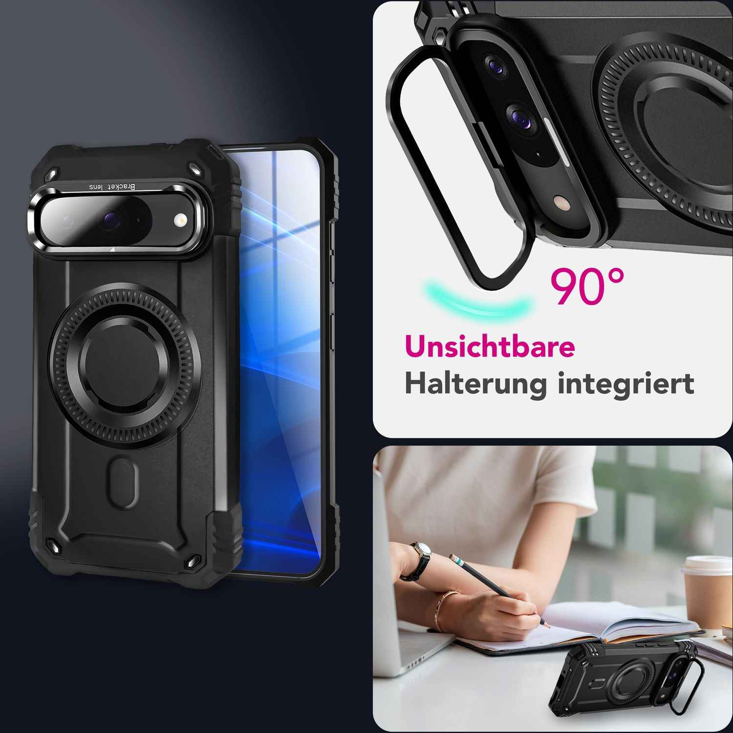 NALIA Granite Hülle für Google Pixel 9 – Handyhülle für MagSafe, Stoßfestes Panzer Hardcase mit Dual-Layer Schutz, Integrierter Metall-Kickstand, Military Cover